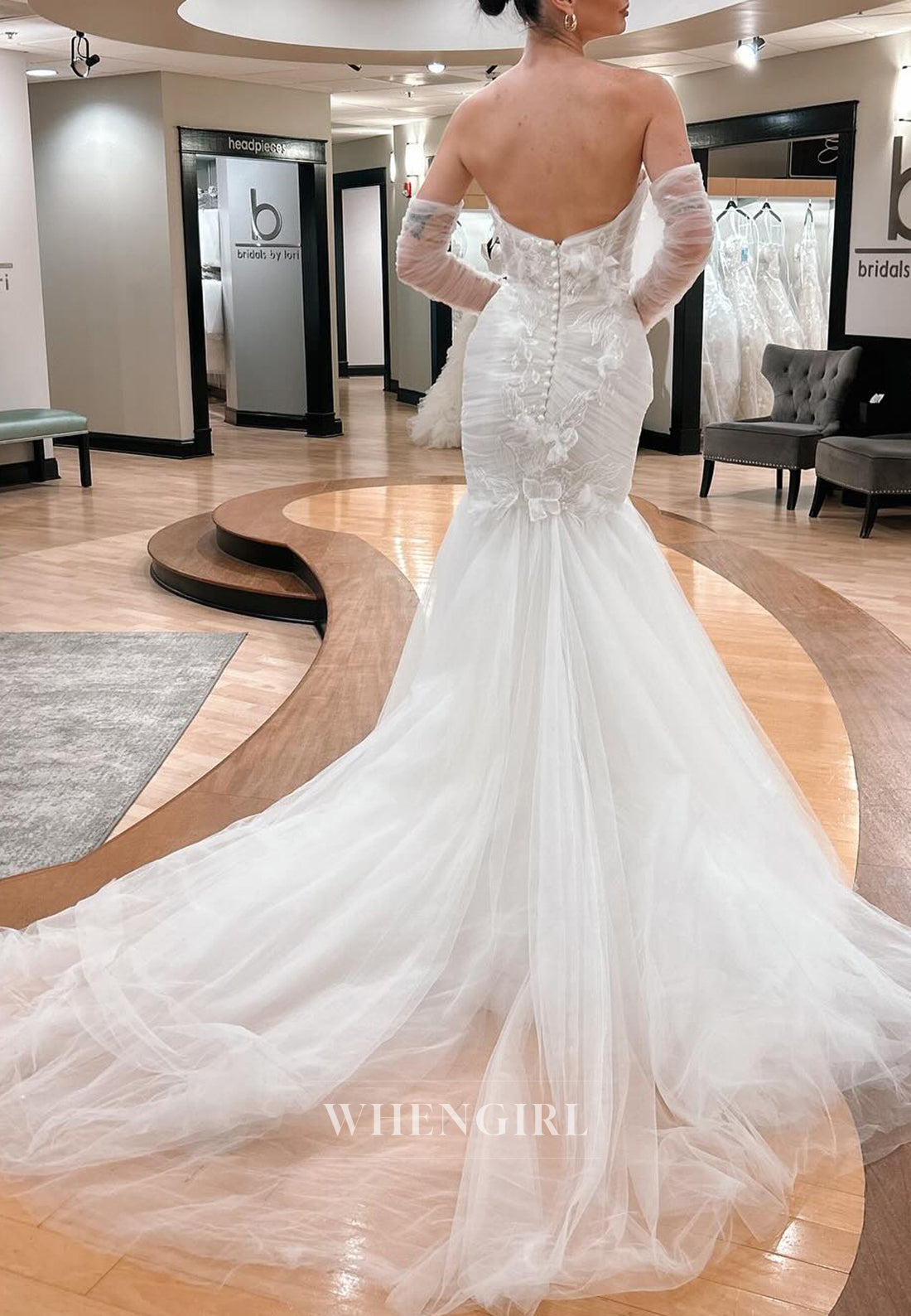 V Neck Long Sleeves Appliqued Back Zipper Strapless Mermaid Wedding Dress with Court Train