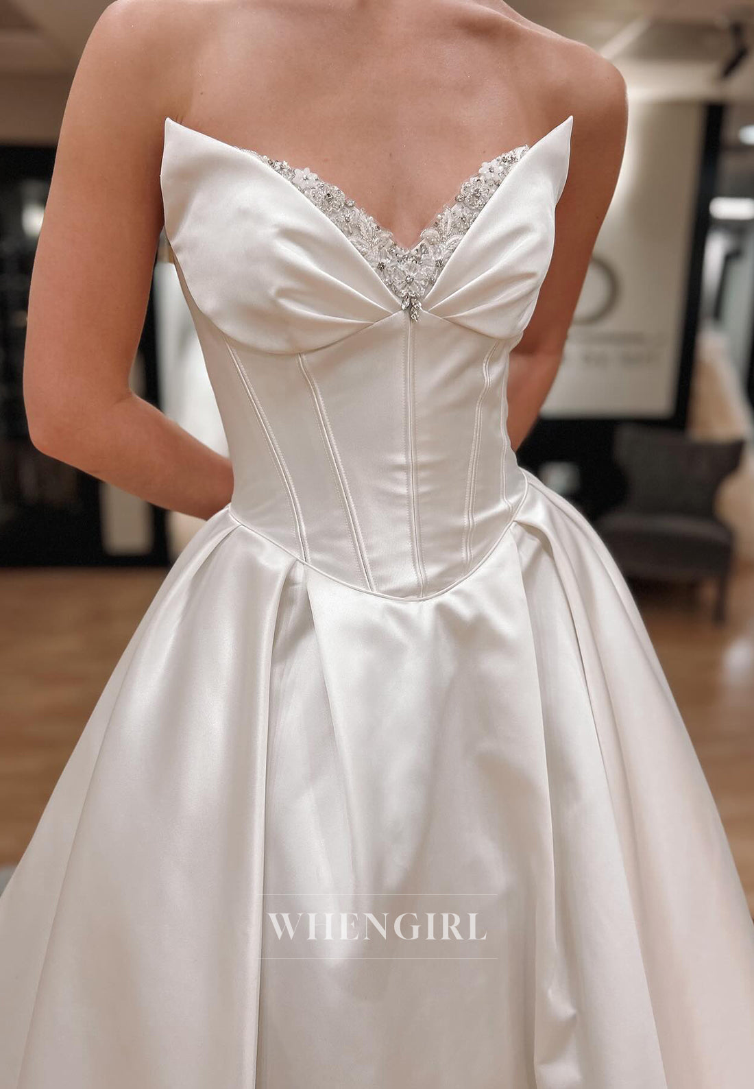 Beaded V Neck Sleeveless Pleated Back Zipper A-Line Satin Wedding Dress with Chaple Train