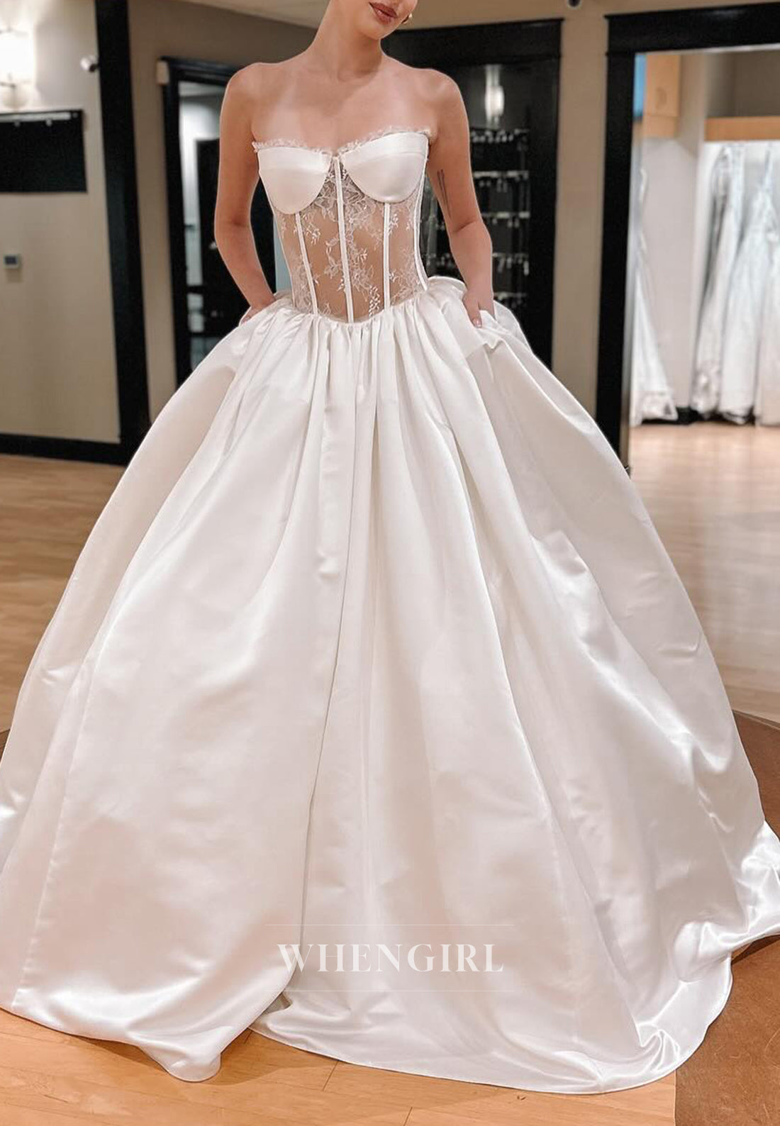 Strapless Lace Top Sleeveless Back Zipper Ball Gown Court Train Wedding Dress
