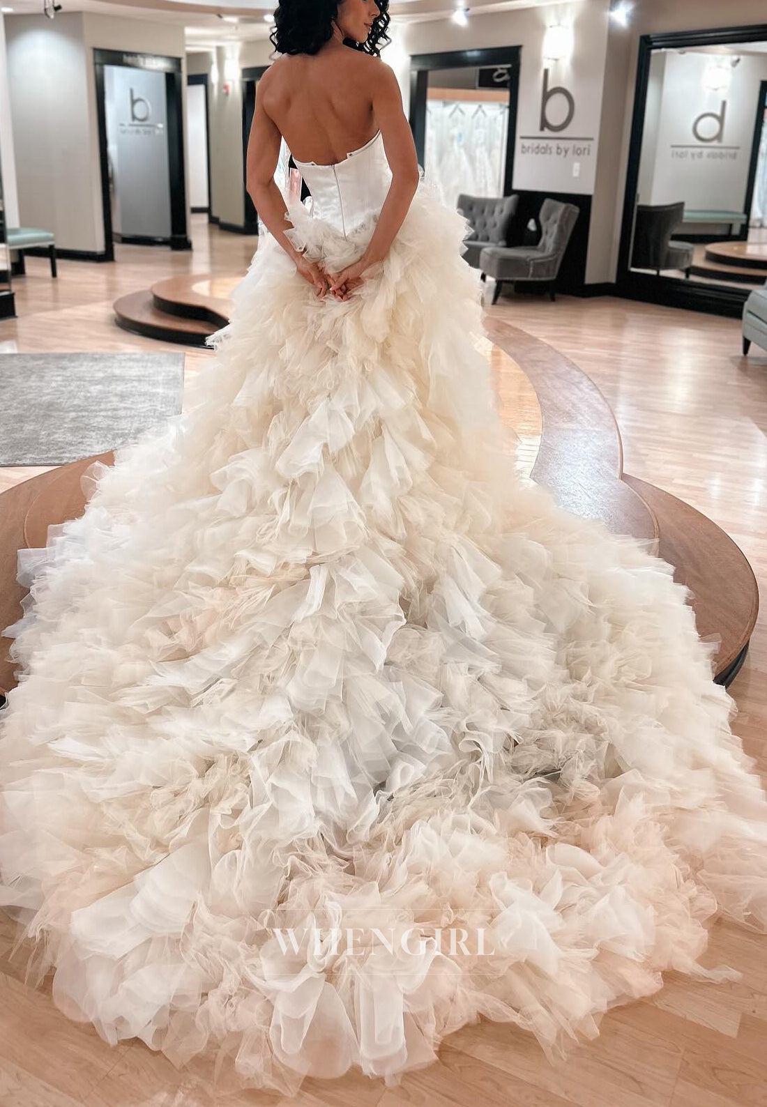 V Neck Pleated Sleeveless Strapless Court Train Multi Tiered Tulle Hem Wedding Dress