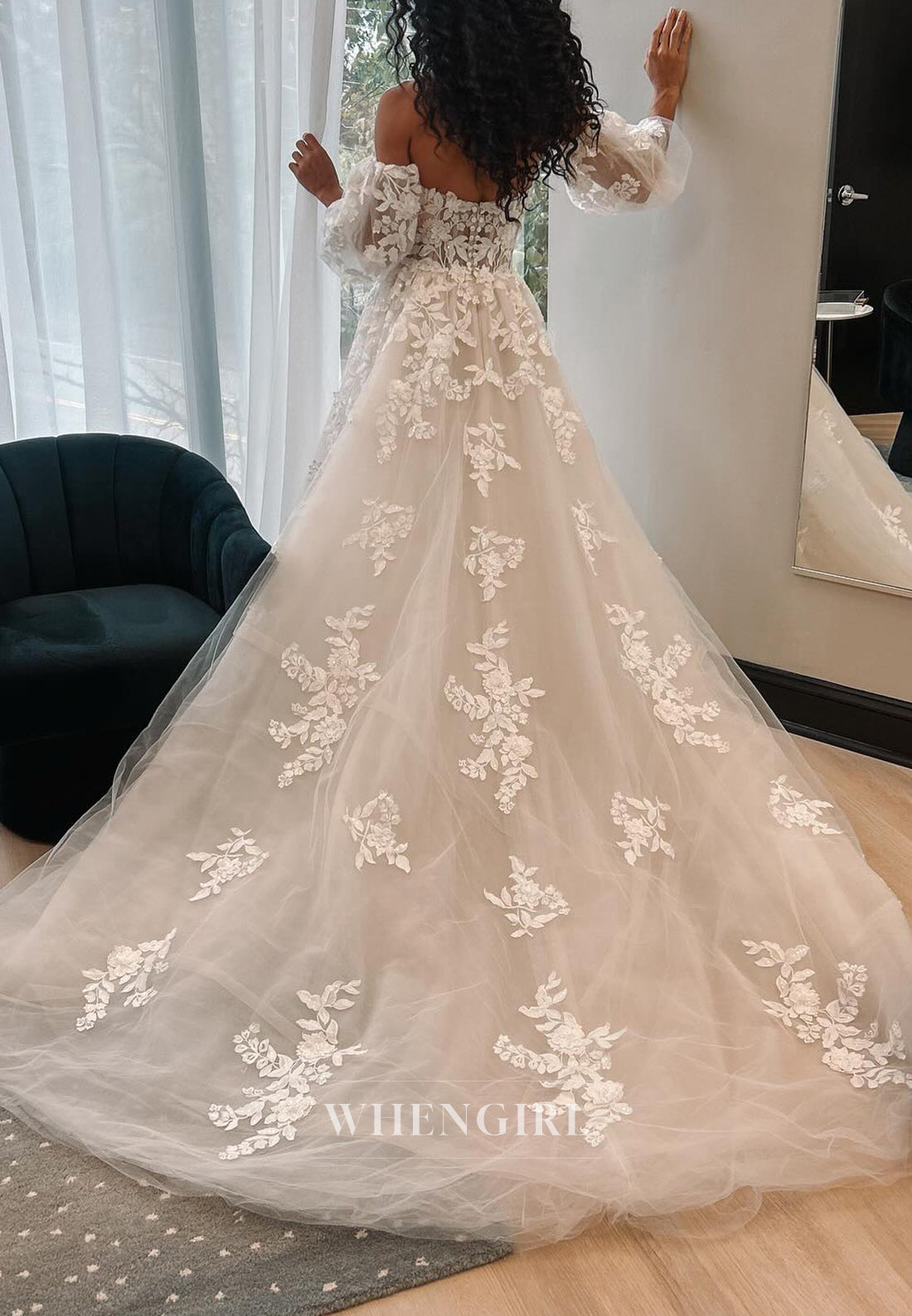 A-Line Short Puff Sleeves Off Shoulder Appliqued Lace Court Train Wedding Dress