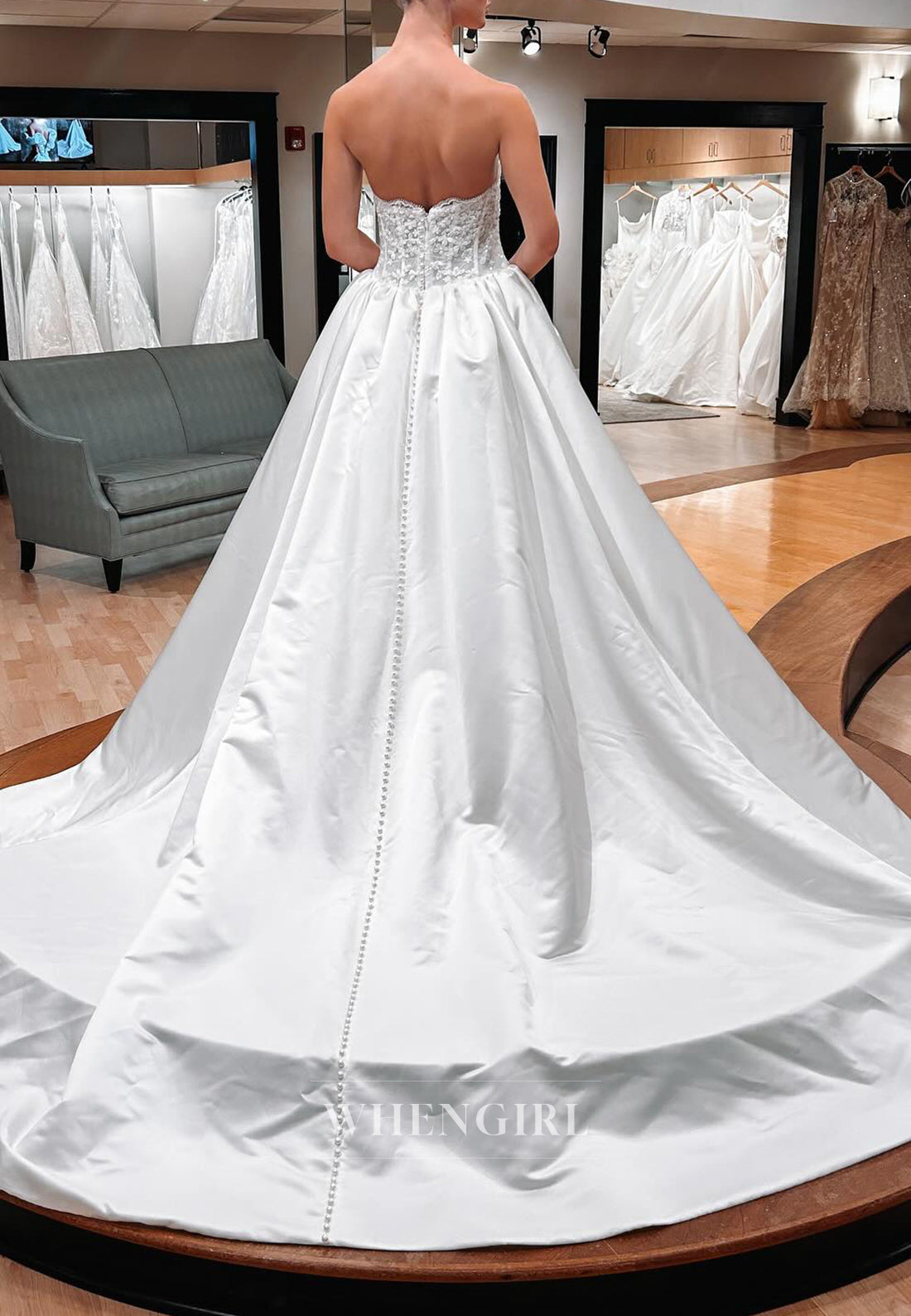 V Neck Beaded Floral Sleeveless A-Line Chapel Train Wedding Dress