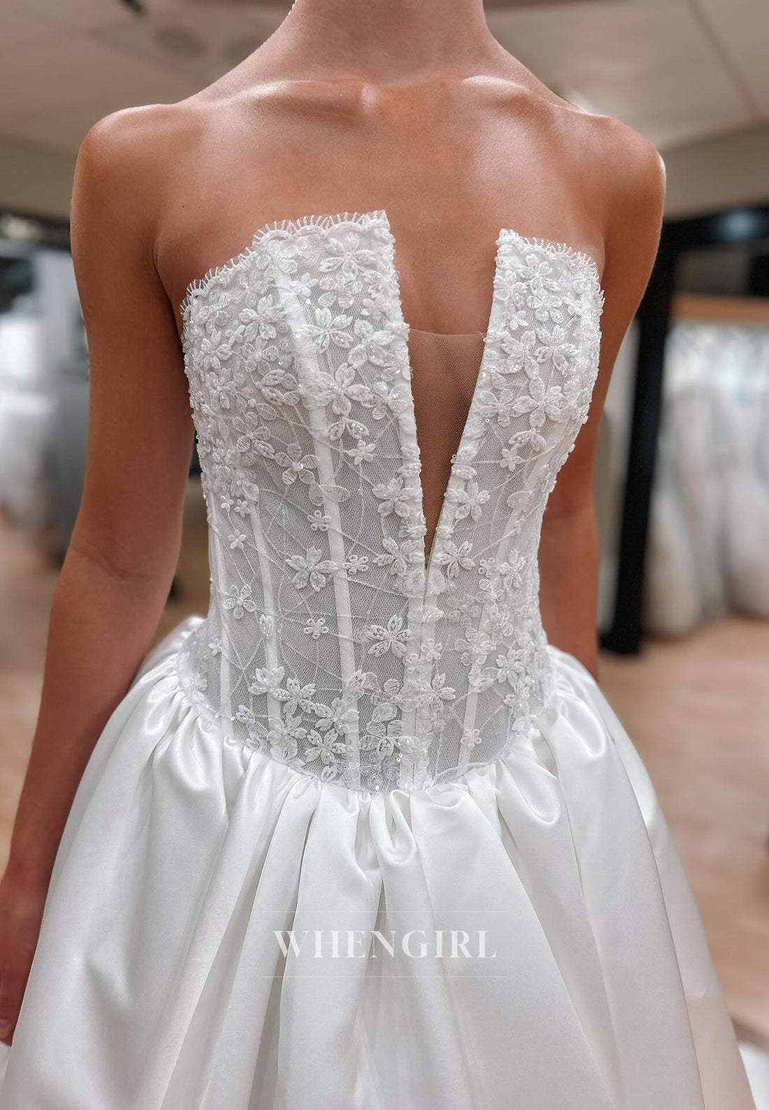 V Neck Beaded Floral Sleeveless A-Line Chapel Train Wedding Dress