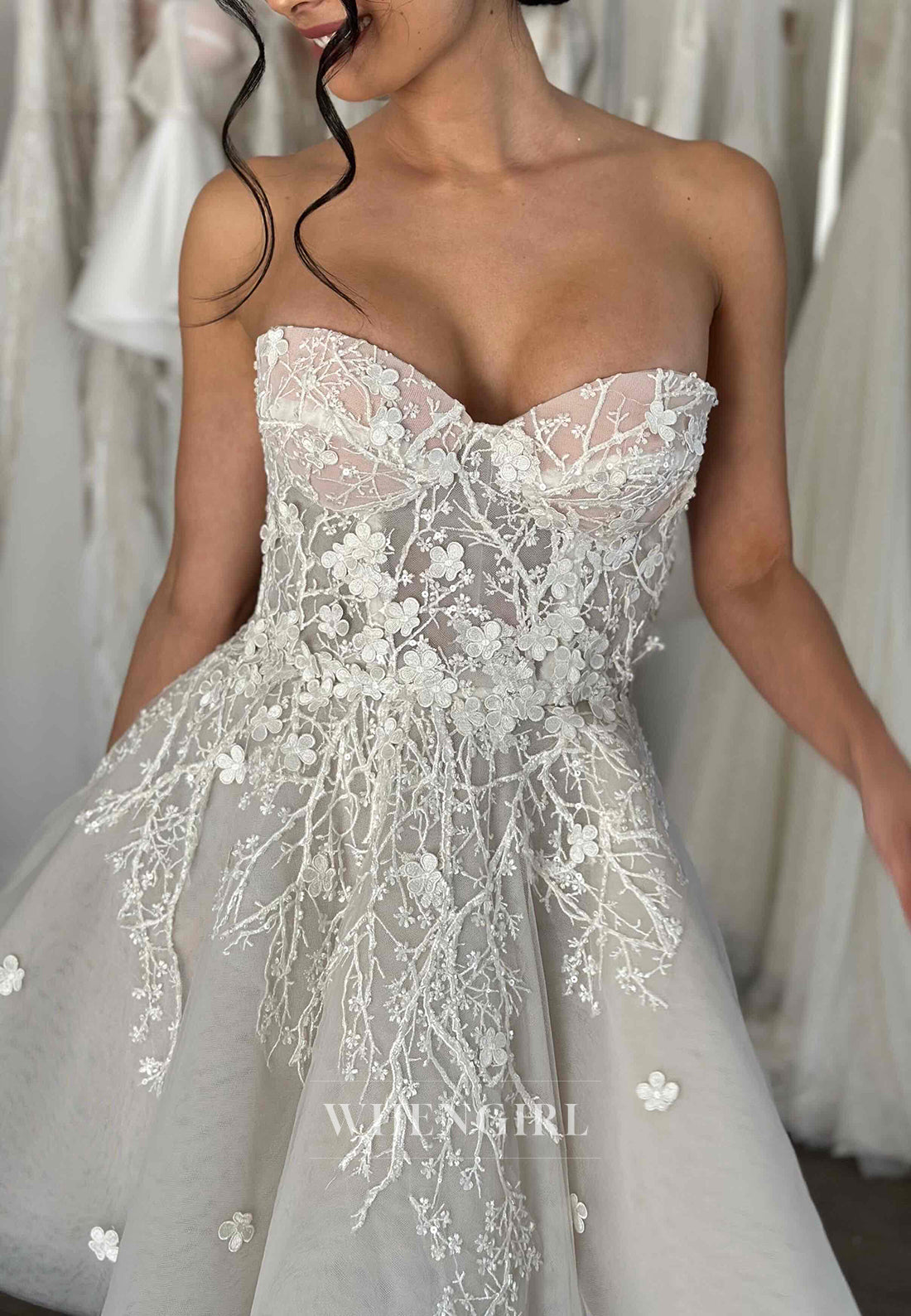 Sweetheart Vine Floral Tulle Sleeveless A-Line Back Zipper Short Wedding Dress