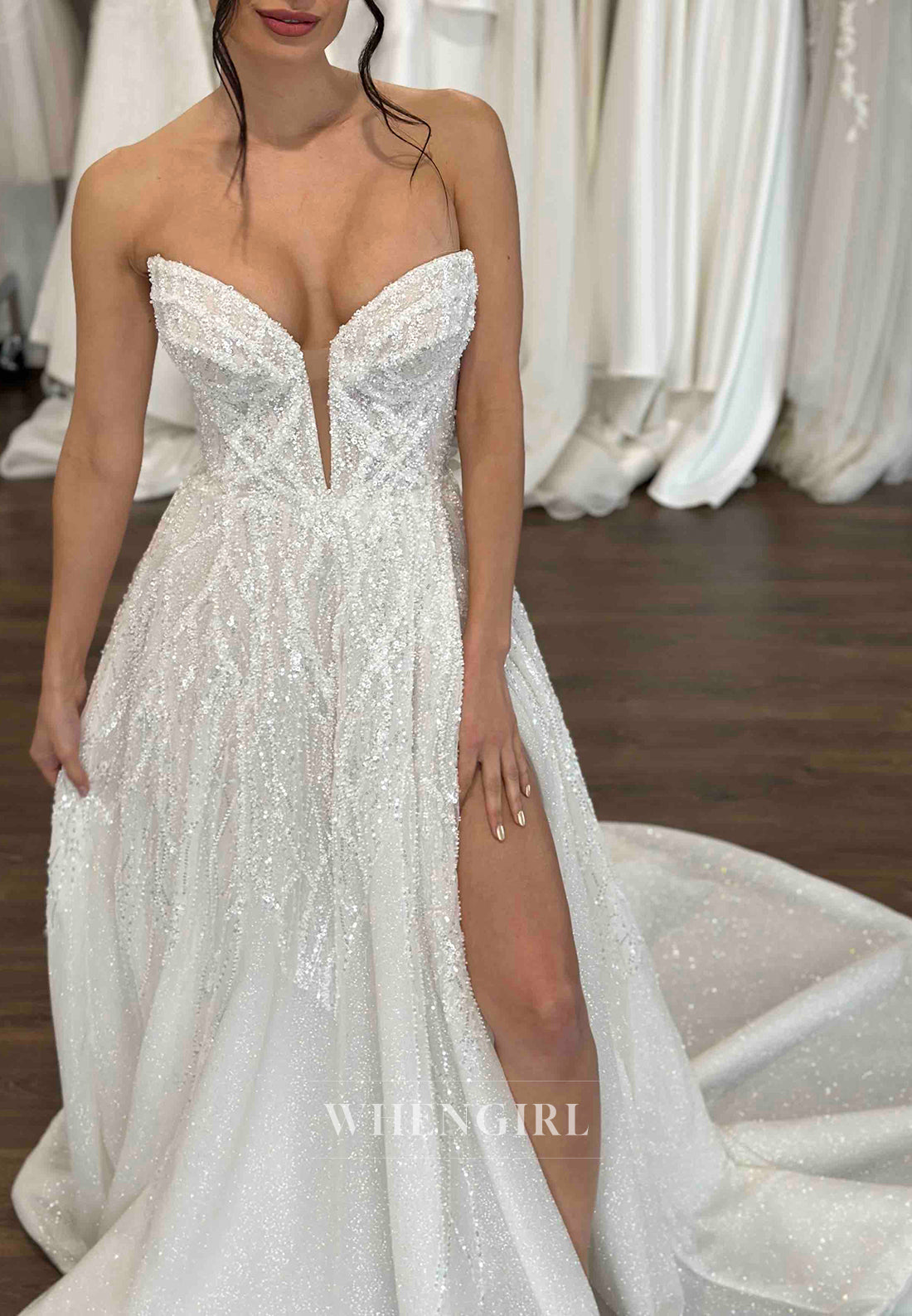 A-Line V Neck Strapless Sleeveless Side Slit Sequins Beading Court Train Wedding Dress