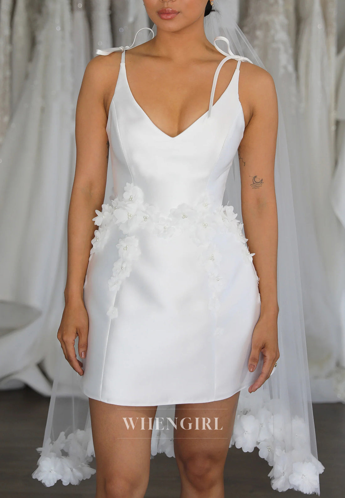 Sheath Satin Bowknot Straps Sleeveless V Neck Floral Short Wedding Dress with Viel