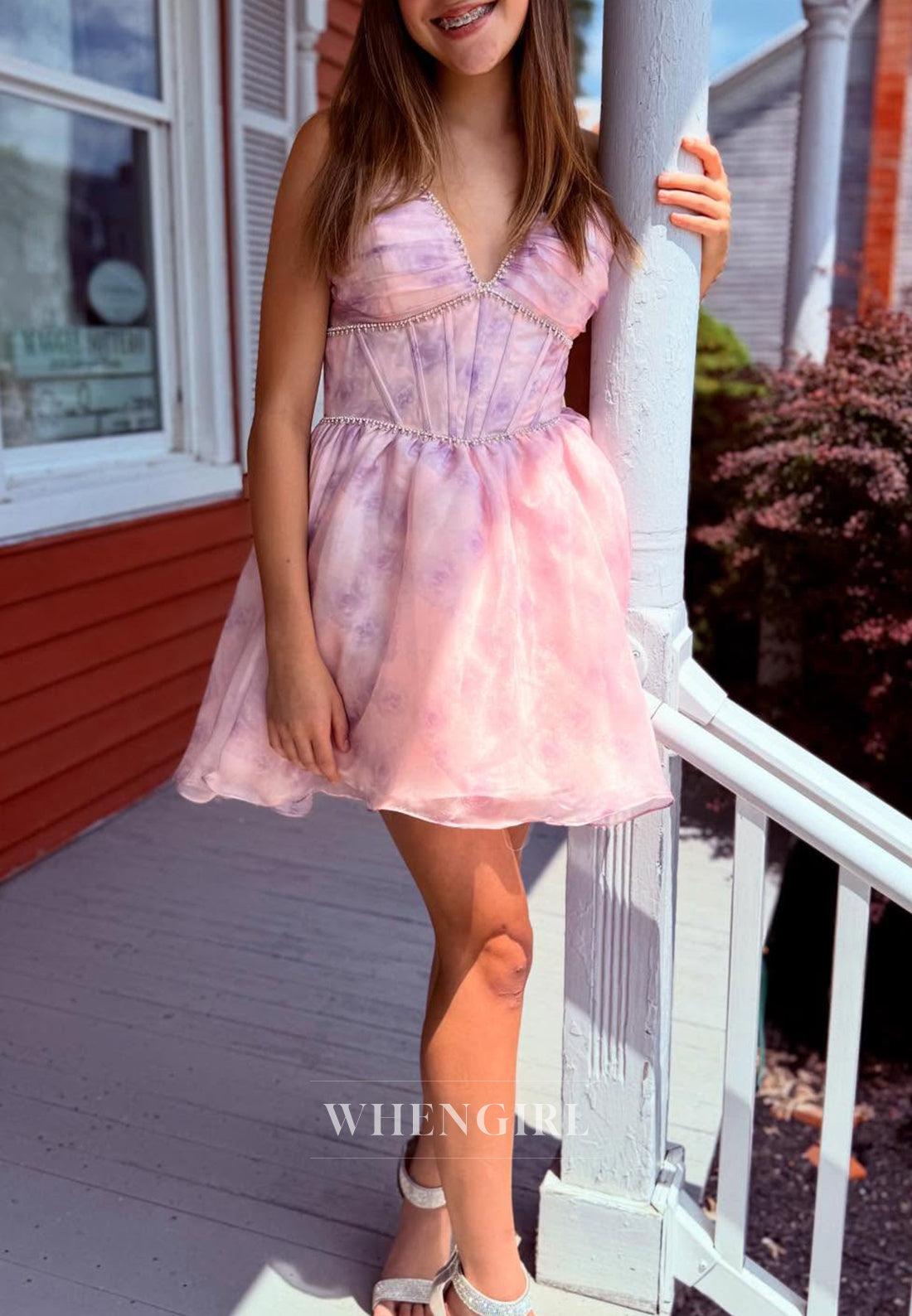 A-Line Printed Flowers V Neck Beaded Short Homecoming Dress