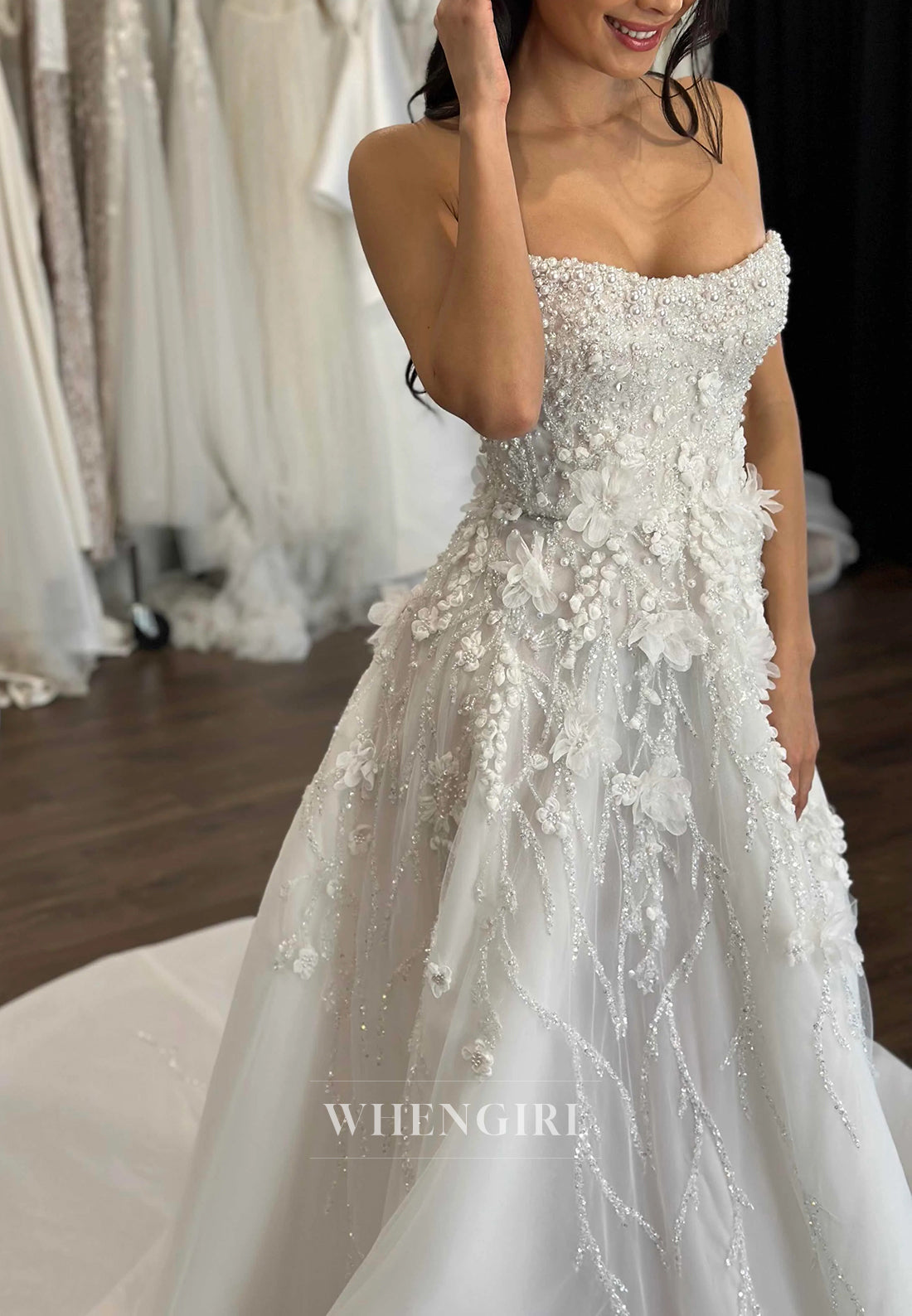 Strapless Pearls Beading Appliqued Sleeveless Side Slit Court Trian A-Line Wedding Dress