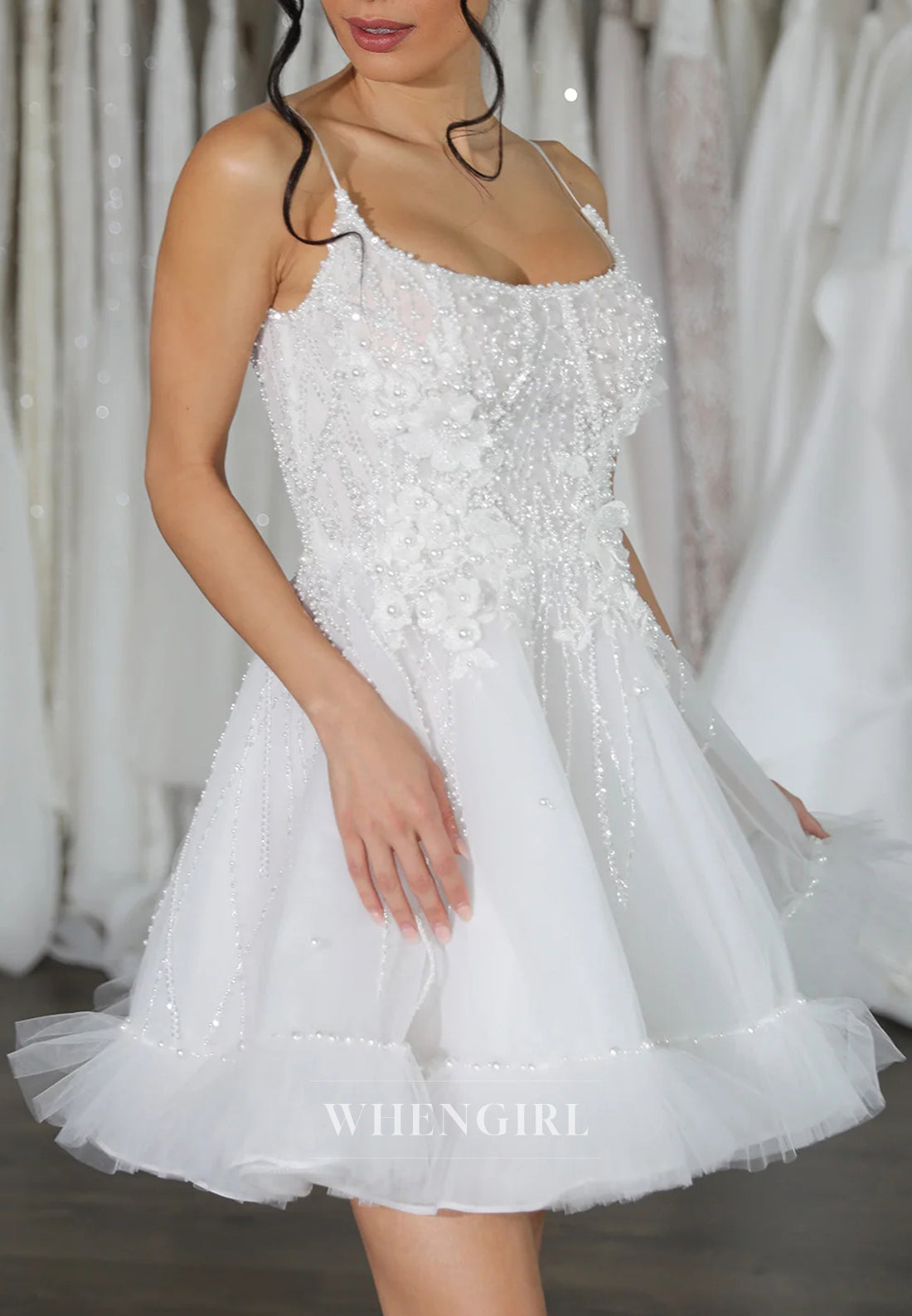 Pearls Beading Frill Hem Scoop Neck Floral A-Line Sleeveless Tulle Short Wedding Dress