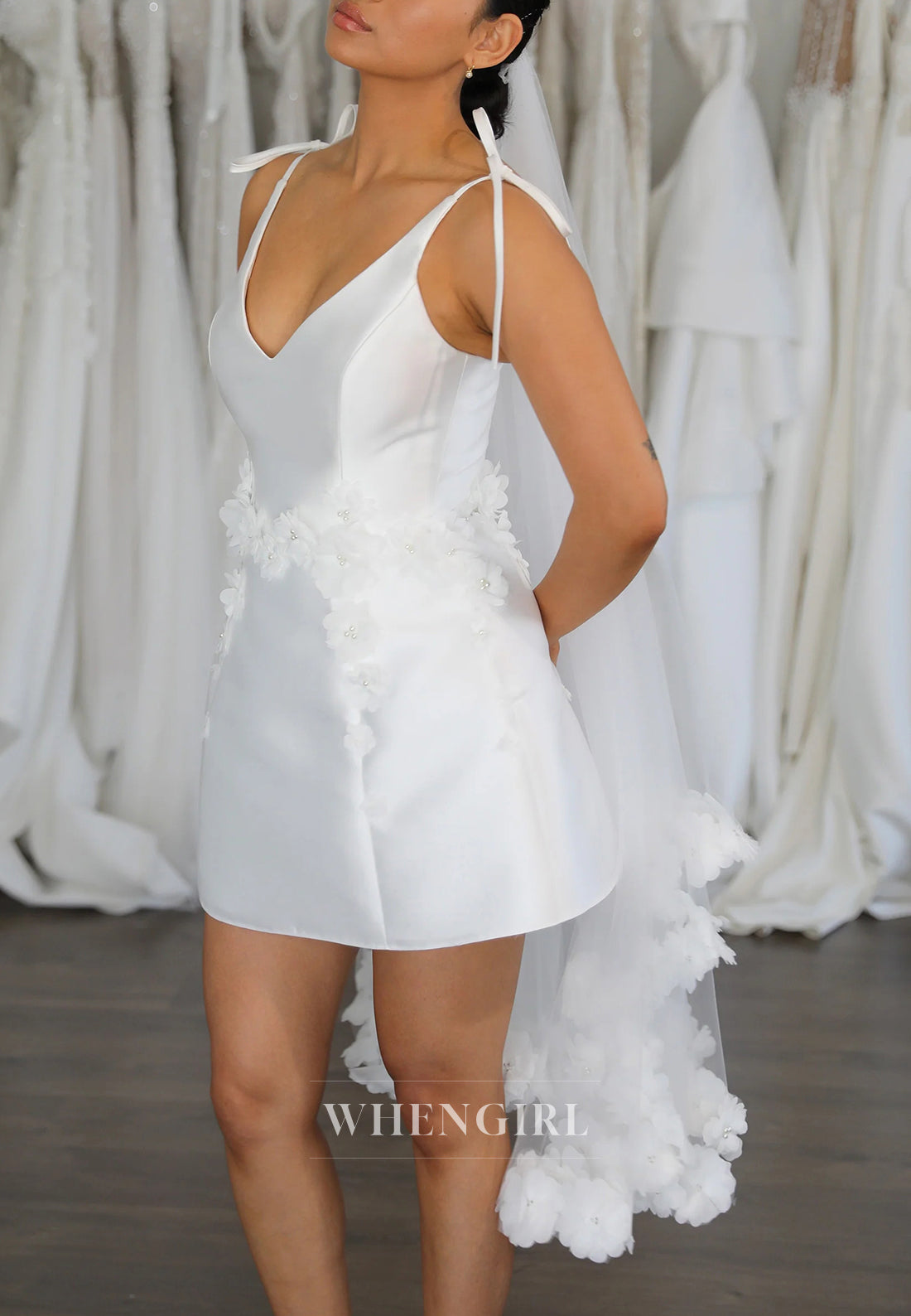 Sheath Satin Bowknot Straps Sleeveless V Neck Floral Short Wedding Dress with Viel