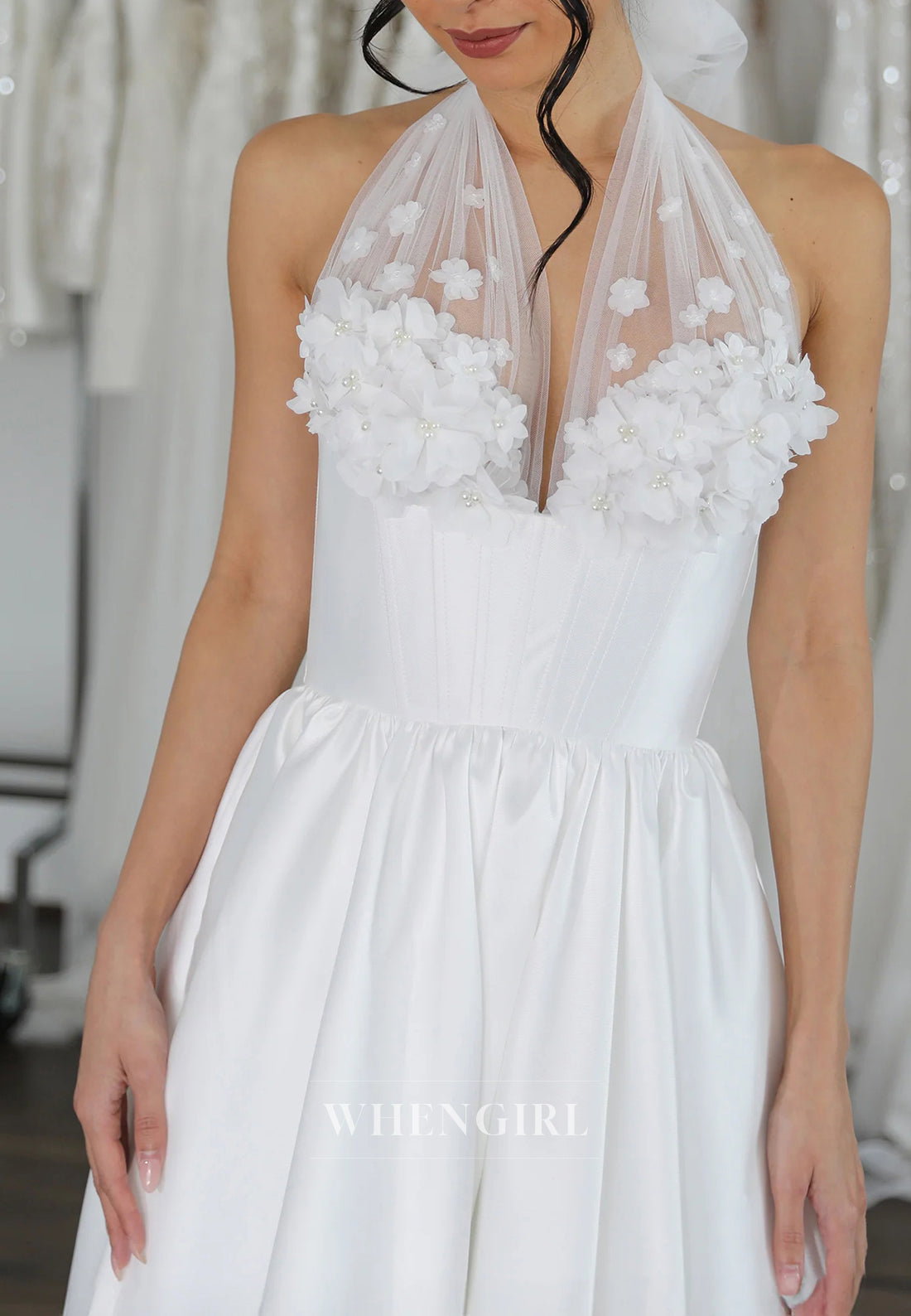 V Neck Halter Floral Sleeveless A-Line Back Zipper Satin Wedding Dress with Court Train