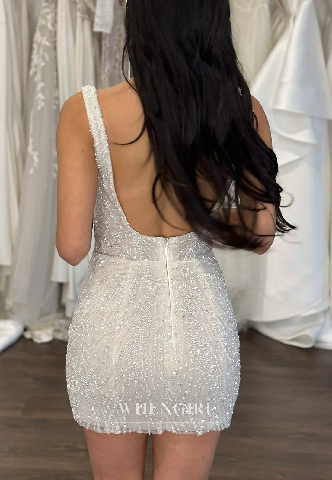 Square Neck Sleeveless Sheath Beaded Back Zipper Short Wedding Dress