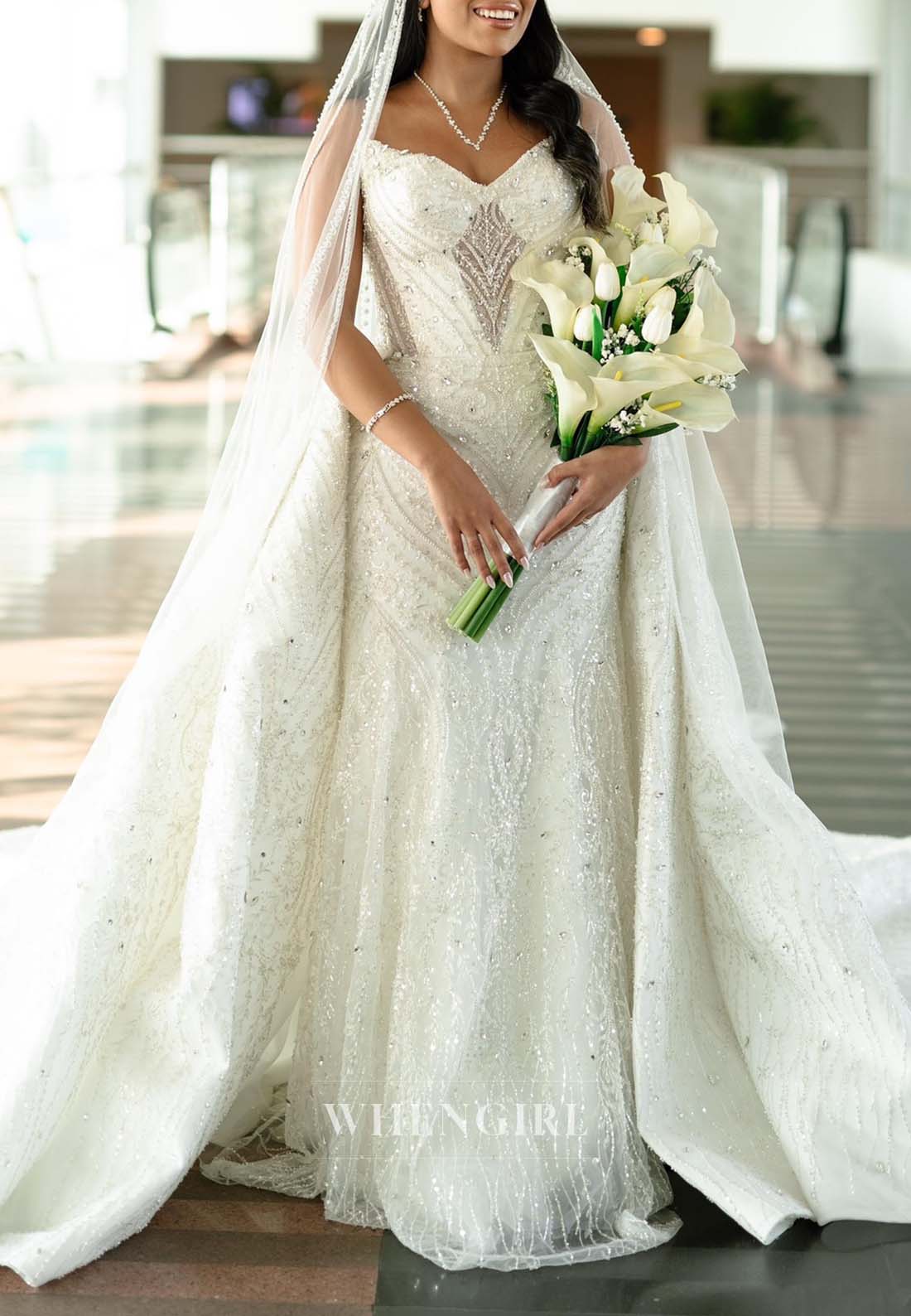 V Neck Pearls Beading Sleeveless Removable Train Long Wedding Dress