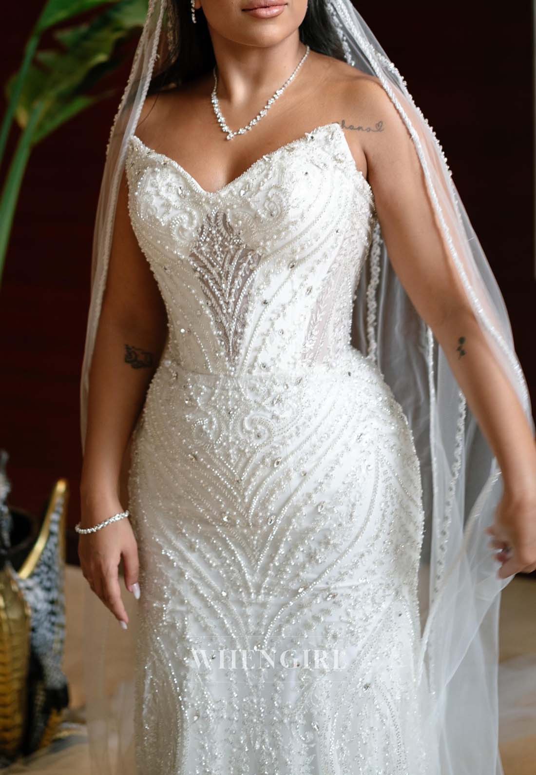 V Neck Pearls Beading Sleeveless Removable Train Long Wedding Dress