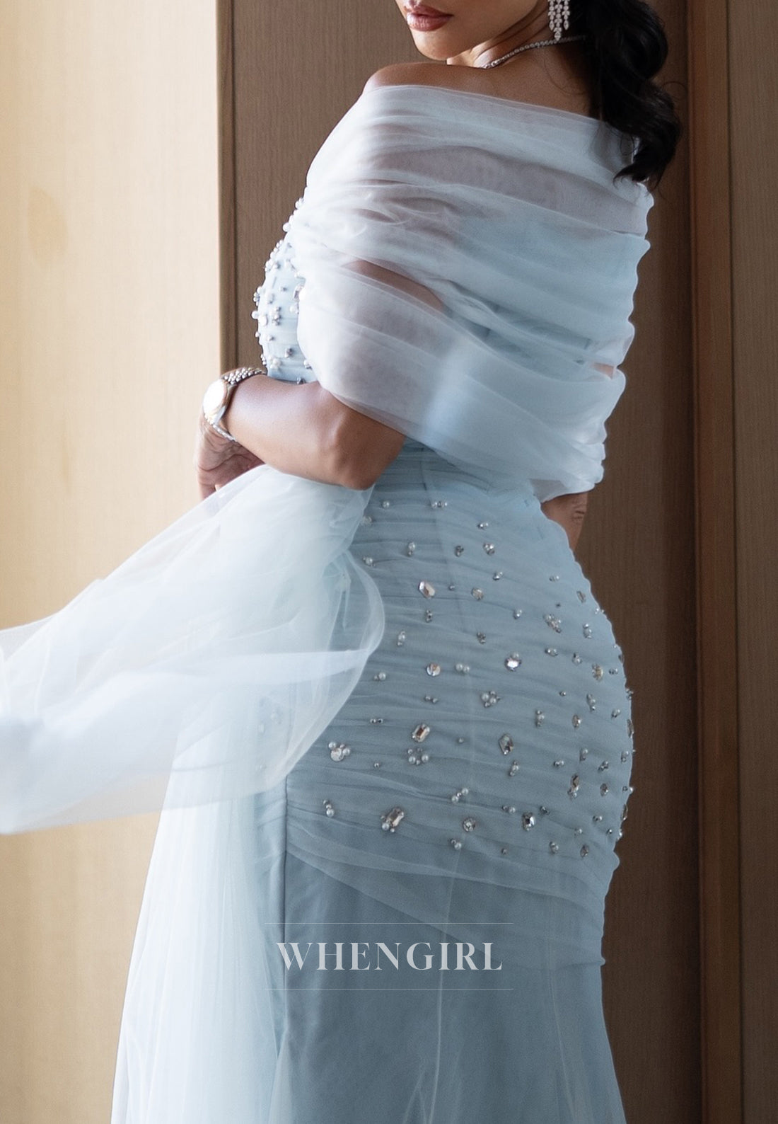 Light Blue Pleated Square Neck Cap Sleeves Beaded Sheath Formal Evening Dress