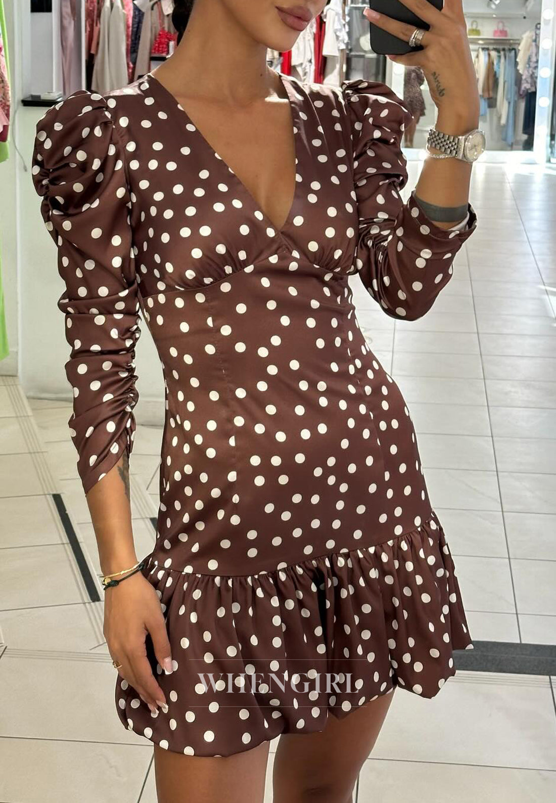 V Neck 3/4 Sleeves Sheath Polka dot Homecoming Dress