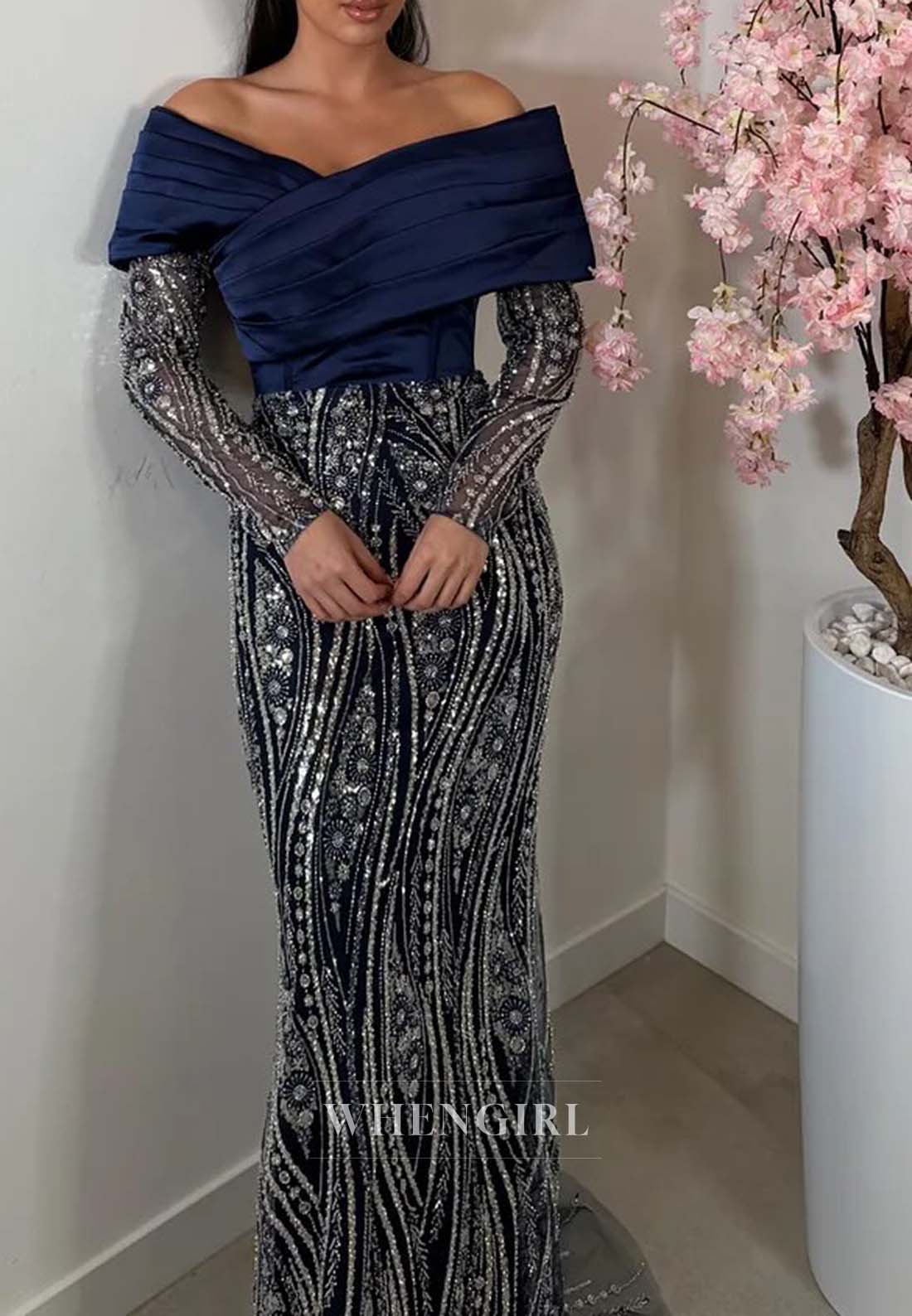V Neck Pleated Beaded Formal Dress Long Sleeves Sheath Evening Gown with Removabal Sweep Train
