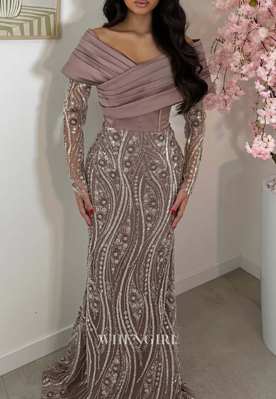 V Neck Pleated Beaded Formal Dress Long Sleeves Sheath Evening Gown with Removabal Sweep Train