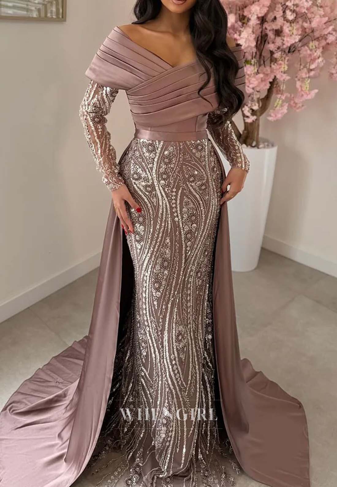 V Neck Pleated Beaded Formal Dress Long Sleeves Sheath Evening Gown with Removabal Sweep Train