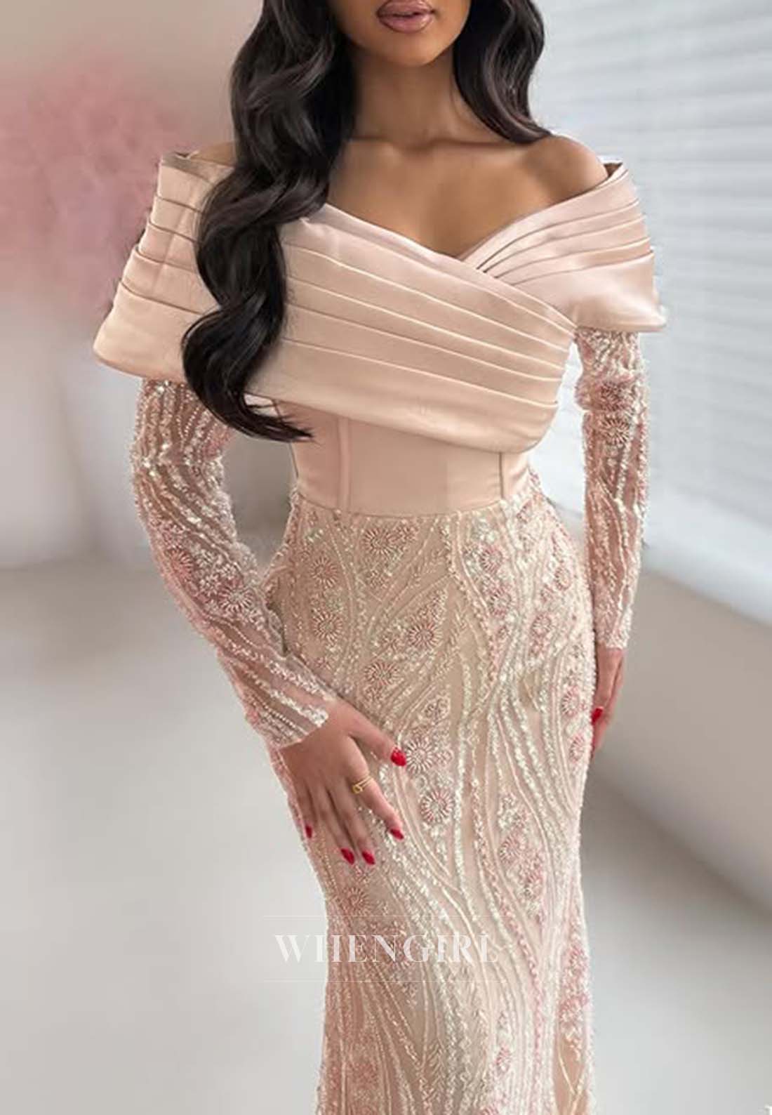 V Neck Pleated Beaded Formal Dress Long Sleeves Sheath Evening Gown with Removabal Sweep Train
