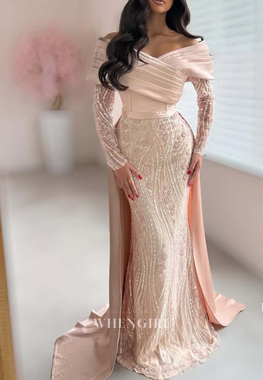 V Neck Pleated Beaded Formal Dress Long Sleeves Sheath Evening Gown with Removabal Sweep Train