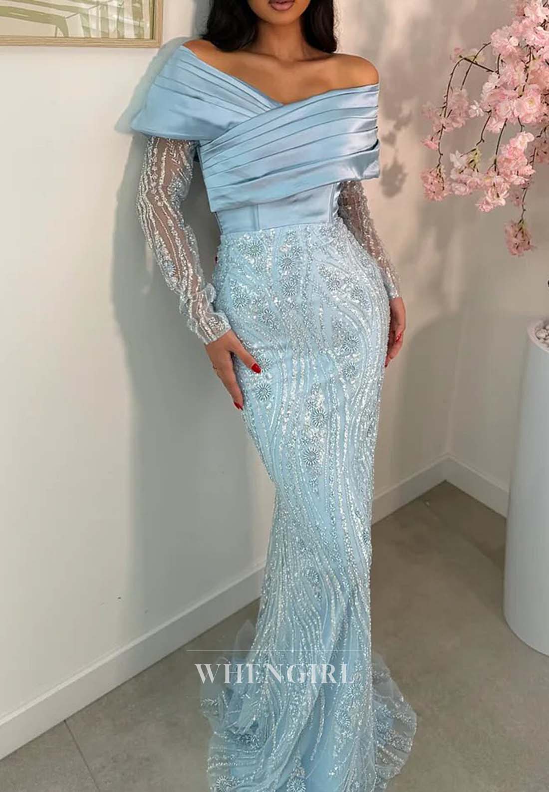 V Neck Pleated Beaded Formal Dress Long Sleeves Sheath Evening Gown with Removabal Sweep Train