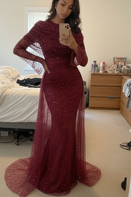 Burgundy Bateau Neck Long Sleeves Beaded Train Sheath Evening Formal Gown