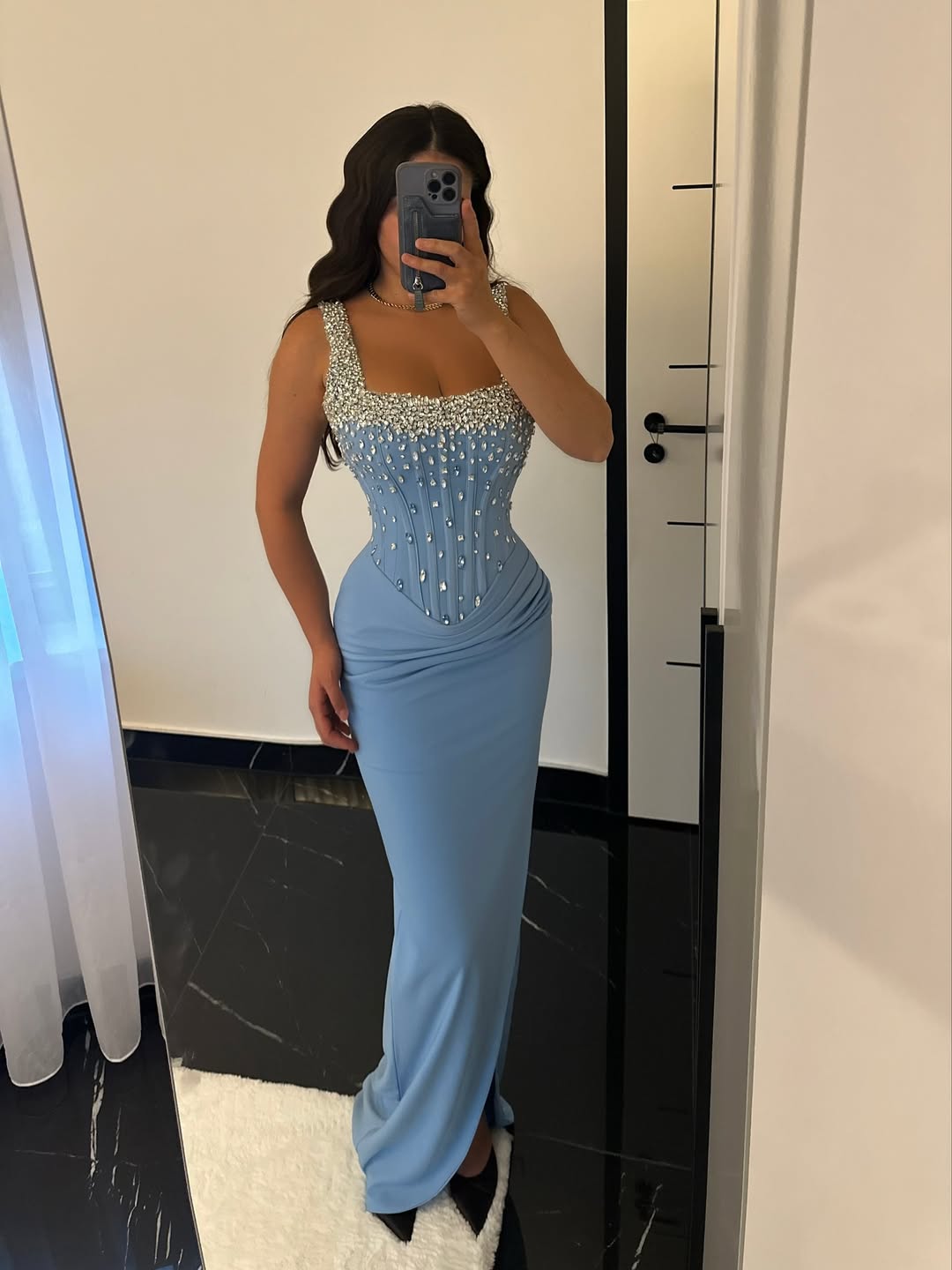 Blue Elegant Square Rhinestone Sleeveless Pleated Prom Dress