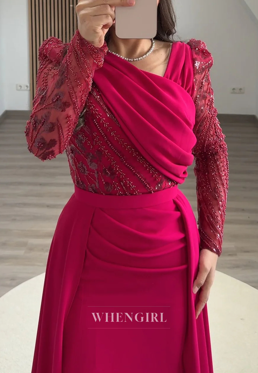 Asymmetrical Neck Long Beaded Sleeves Sheath Side Slit Sweep Train Formal Evening Dress
