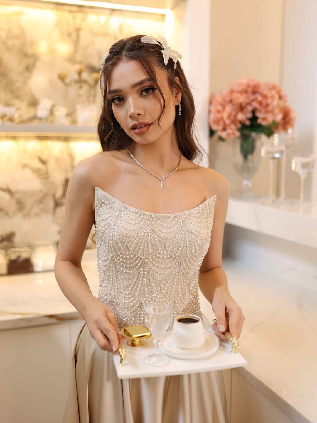 Champagne Strapless A-Line Prom Dress Sleeveless Satin with Beaded