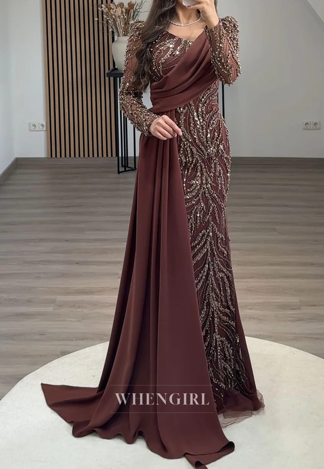 Sheath Asymmetrical Neck Long Sleeves Beaded Side Train Long Formal Evening Gown