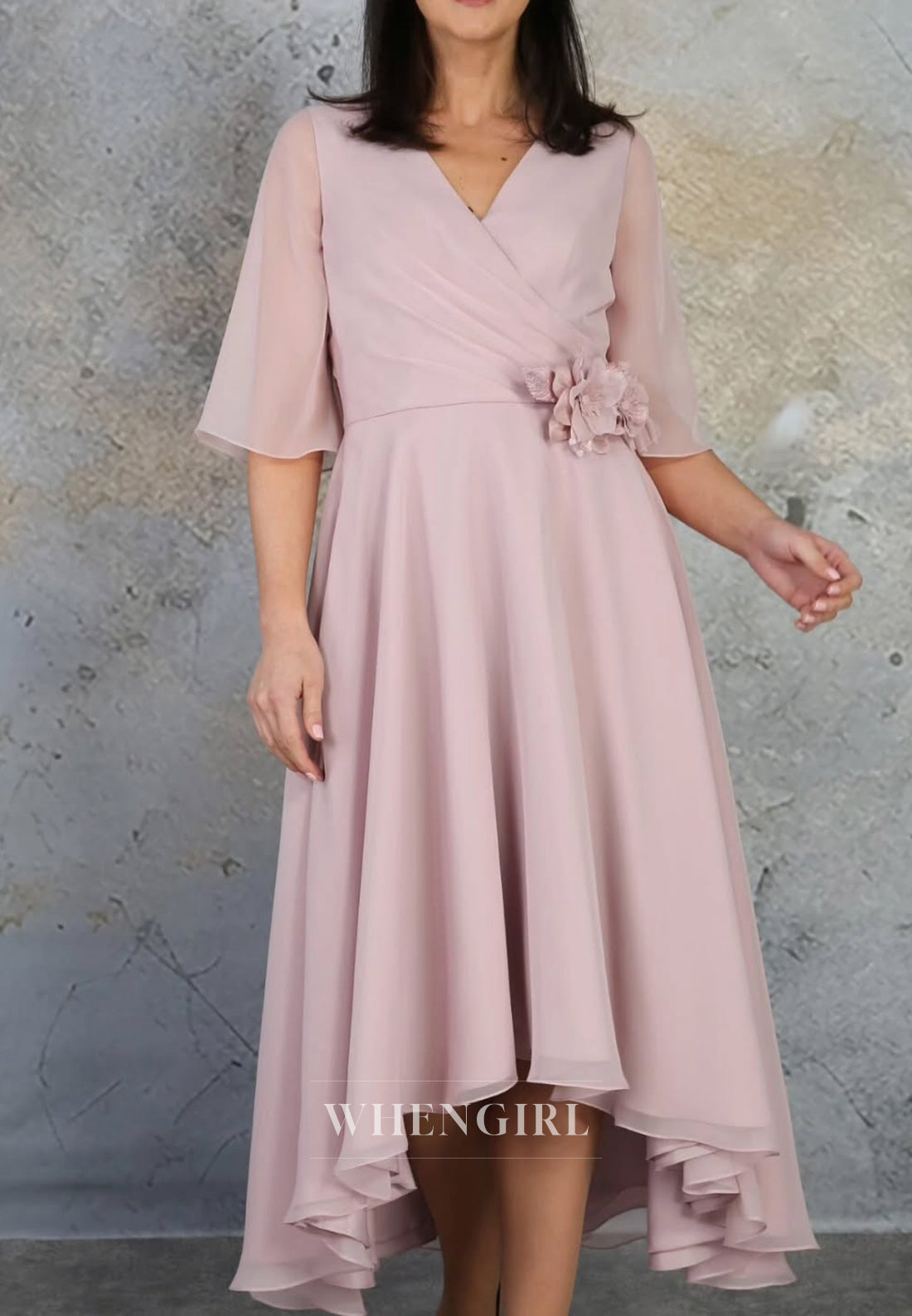 A-Line V Neck Half Sleeves Flower Chiffon Mother of the Bride Dress