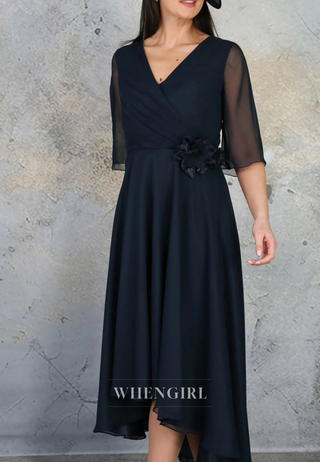 A-Line V Neck Half Sleeves Flower Chiffon Mother of the Bride Dress