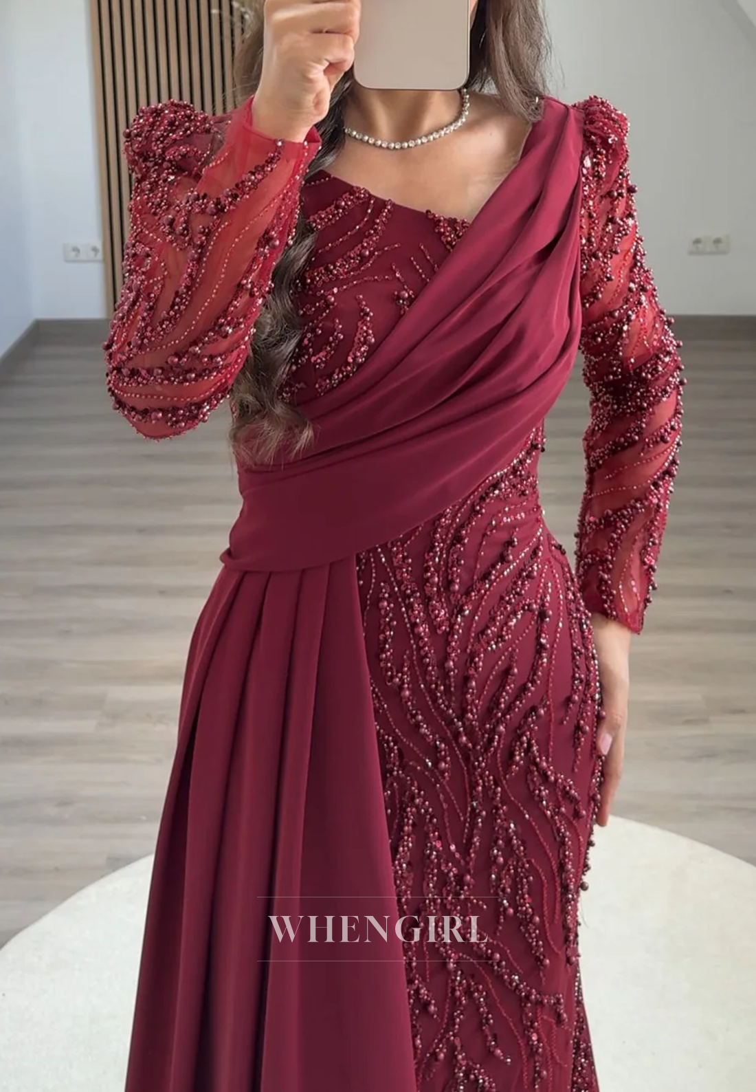 Sheath Asymmetrical Neck Long Sleeves Beaded Side Train Long Formal Evening Gown