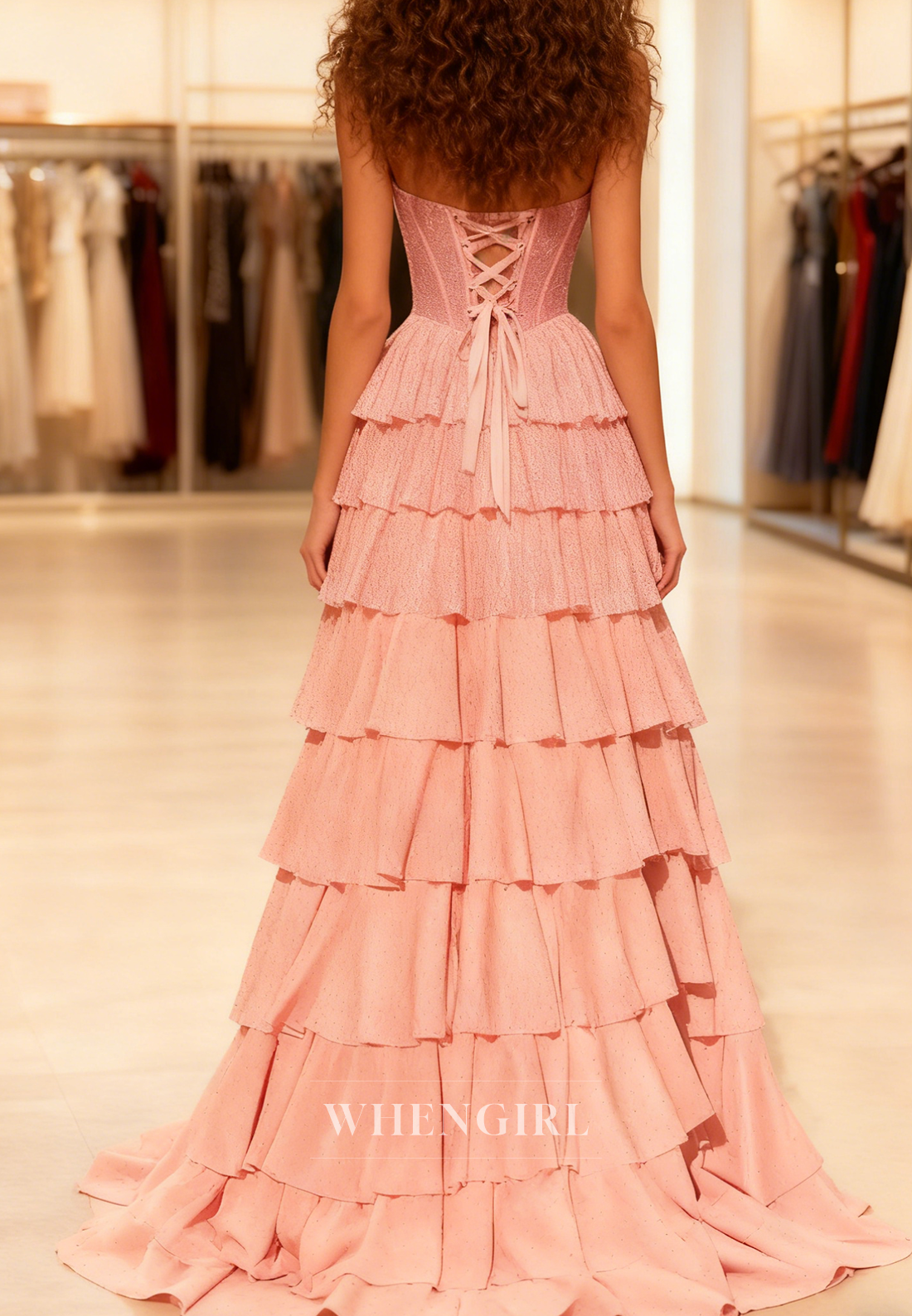 A-Line Pink Sleeveless Pleated Multi Tiered Ruffles Lace Up Prom Dress