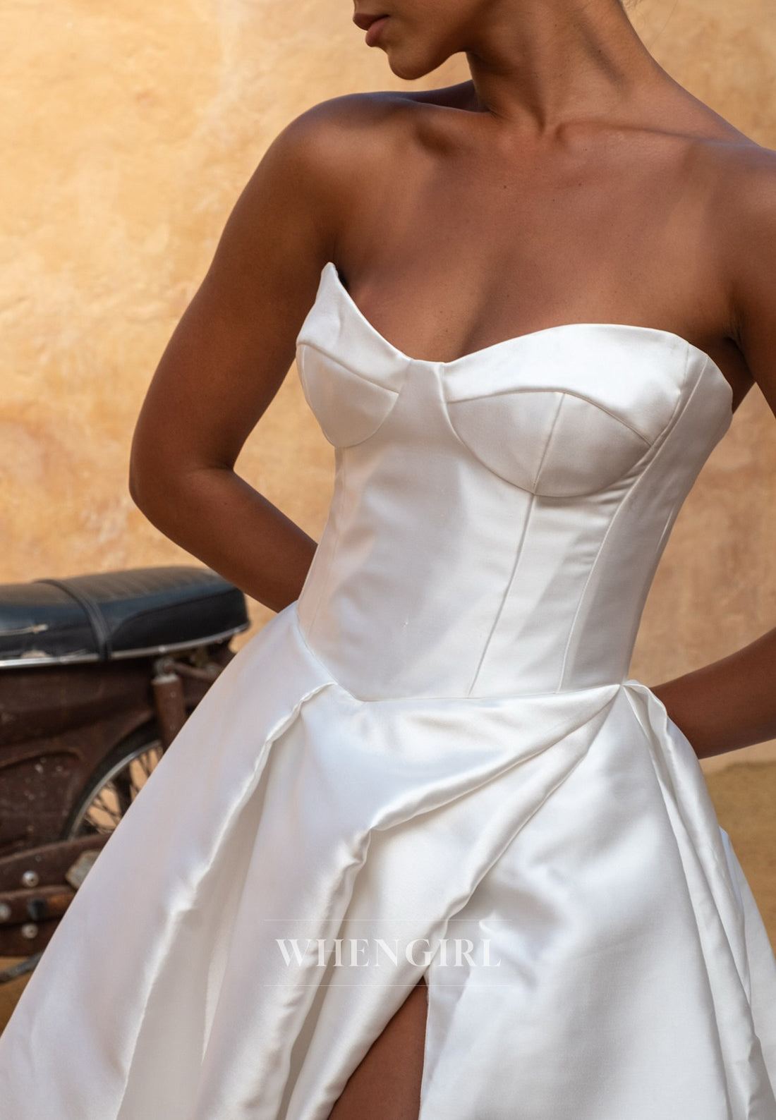 Sweetheart Sleeveless Side Slit Pleated Button Court Train A-Line Wedding Dress
