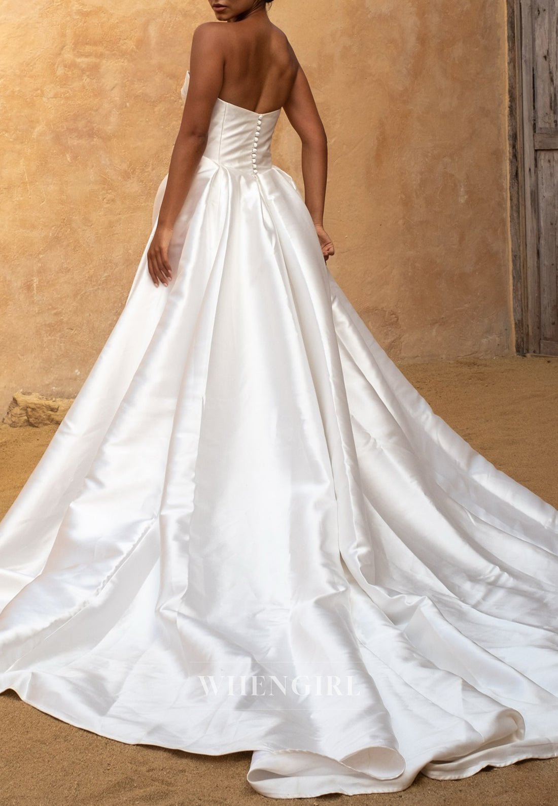 Sweetheart Sleeveless Side Slit Pleated Button Court Train A-Line Wedding Dress