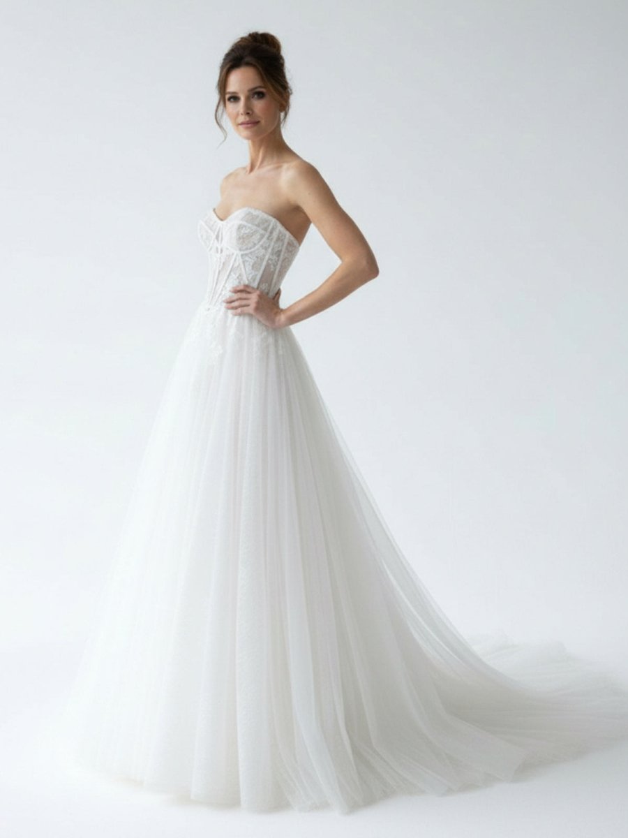 Charming A-Line Strapless Tulle Lace Wedding Dresses
