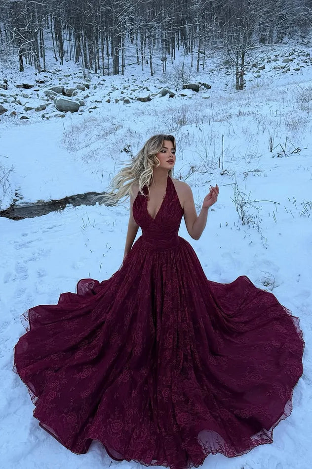 Charming Red Halter V-Neck Sleeveless Lace Prom Dresses A-Line Long With High Split