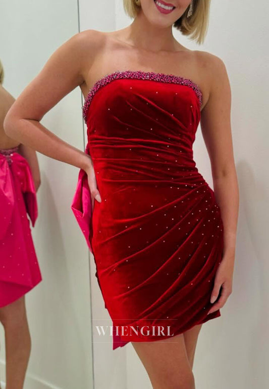 Sheath Sleevelss Tube Top Beaded Pleated Bowknot Velvet Short Homecoming Dress