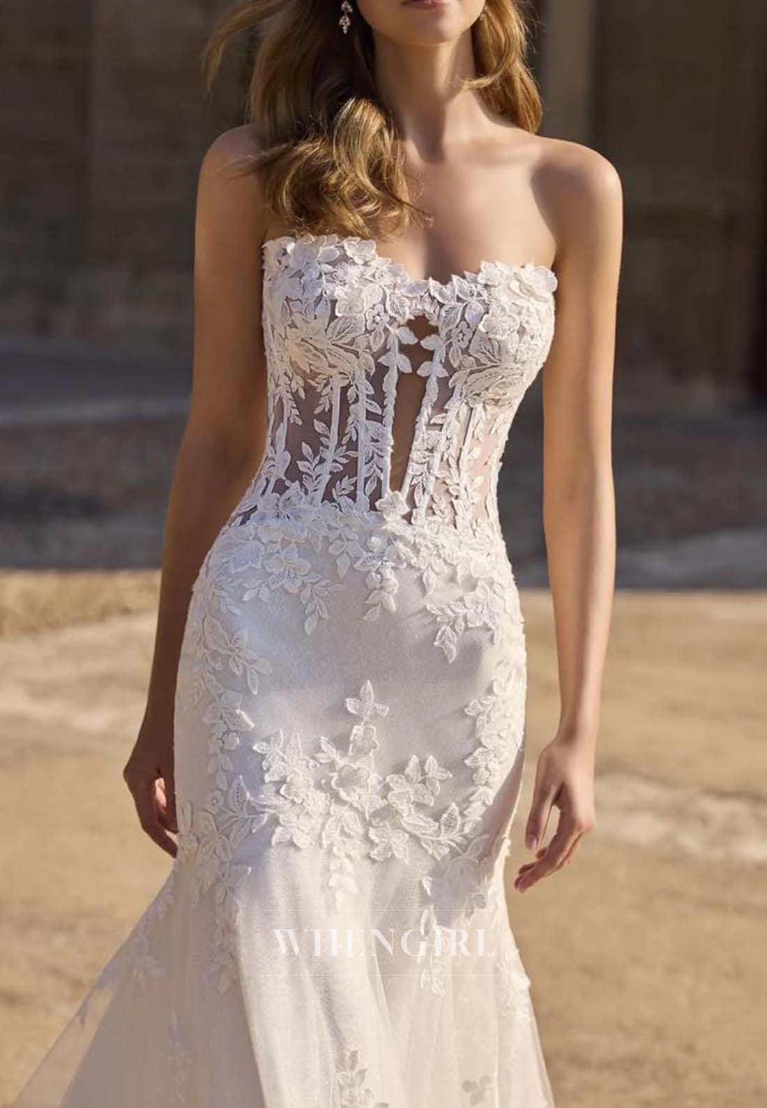 Tube Top Sleeveless Appliqued Lace Cut Out Sweep Train Mermaid Wedding Dress