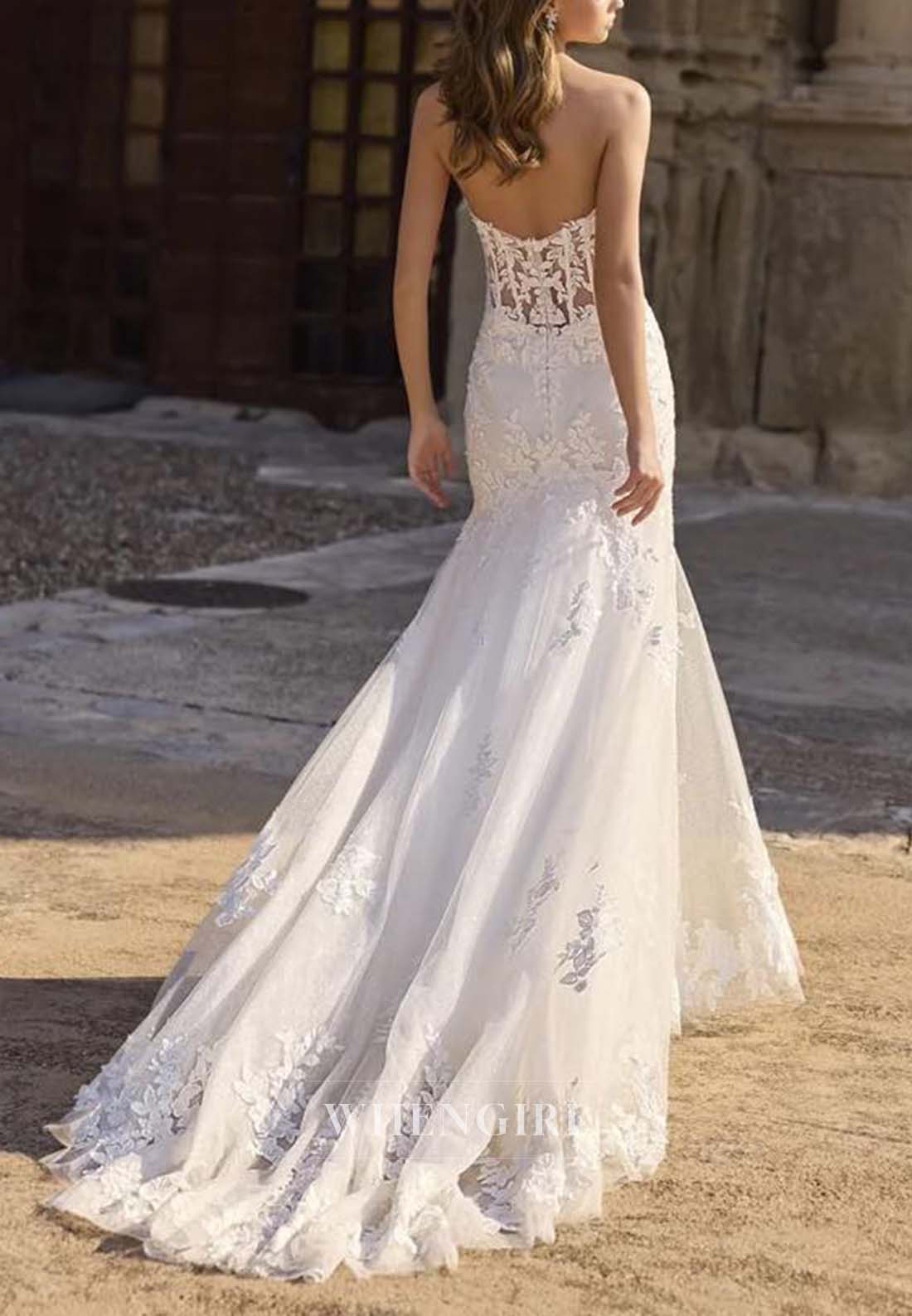 Tube Top Sleeveless Appliqued Lace Cut Out Sweep Train Mermaid Wedding Dress