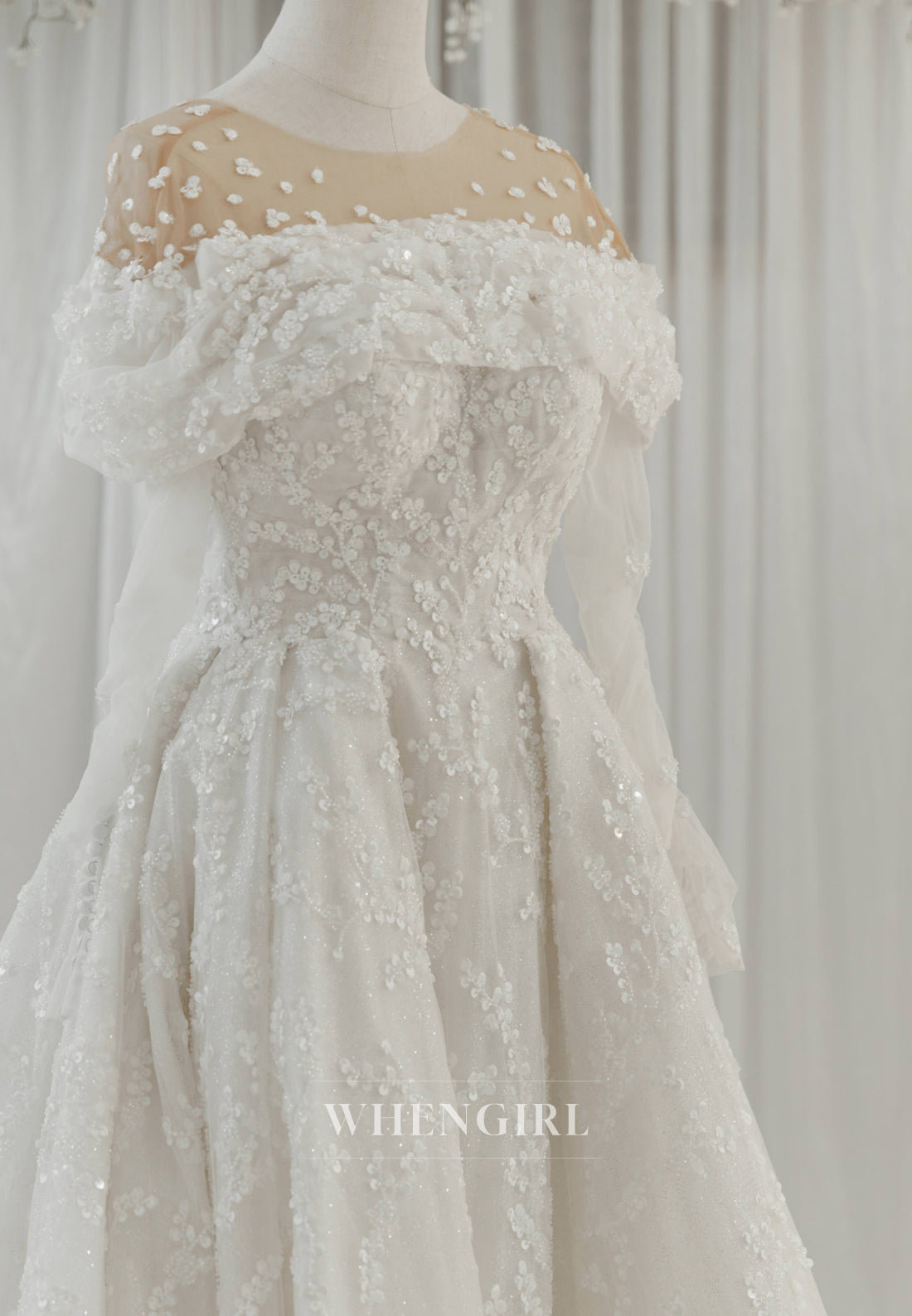 A-Line Illusion Neck Long Sleeves Sequins Beaded Floral Wedding Dress