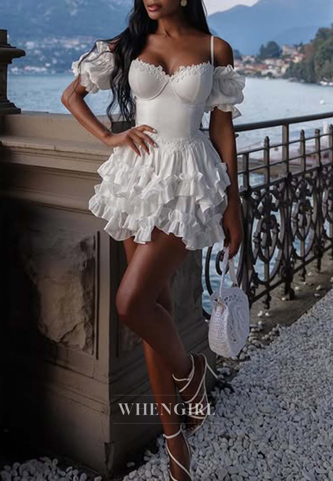 Beige Off Shoulder Short Puff Sleeves Sweetheart Multi Tiered A-Line Short Homecoming Dress