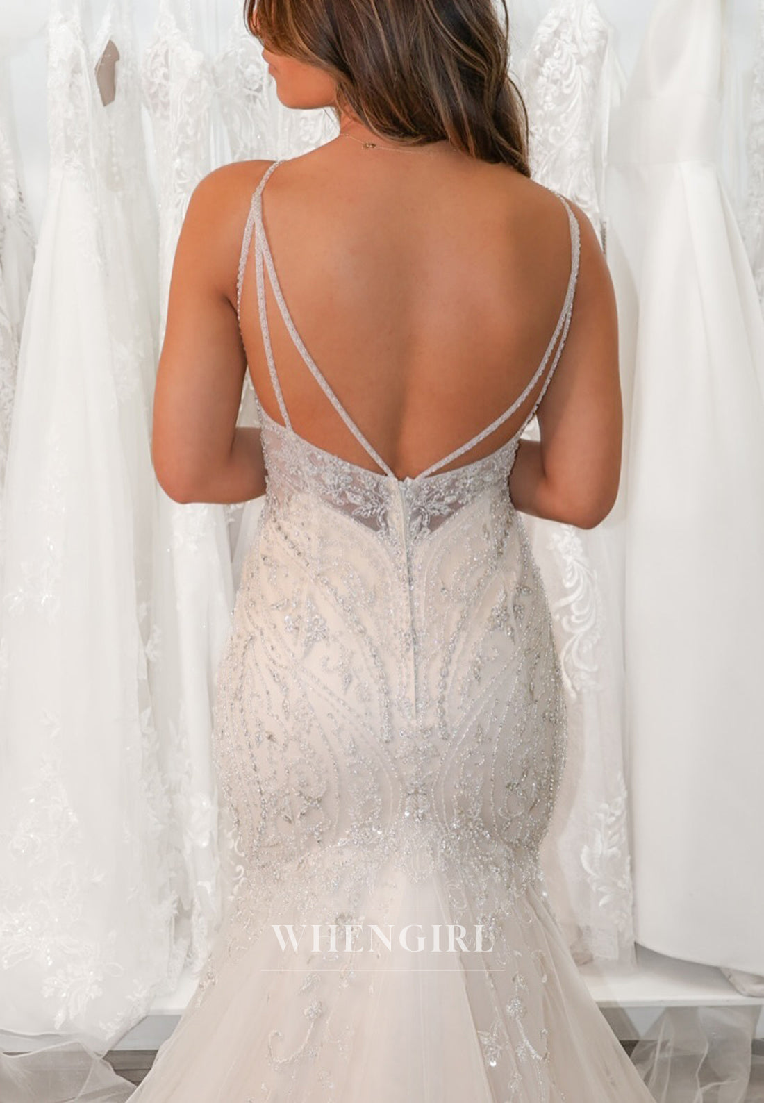 Mermaid Beaded V Neck Spaghetti Straps Back Zipper Long Wedding Dress