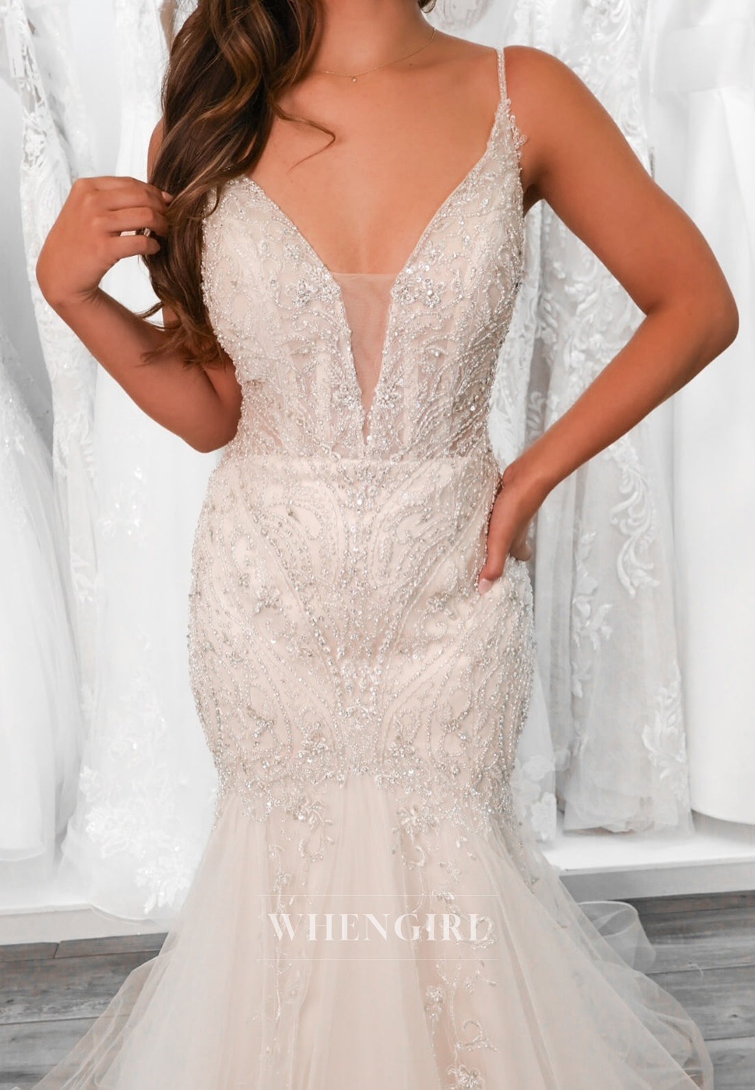 Mermaid Beaded V Neck Spaghetti Straps Back Zipper Long Wedding Dress