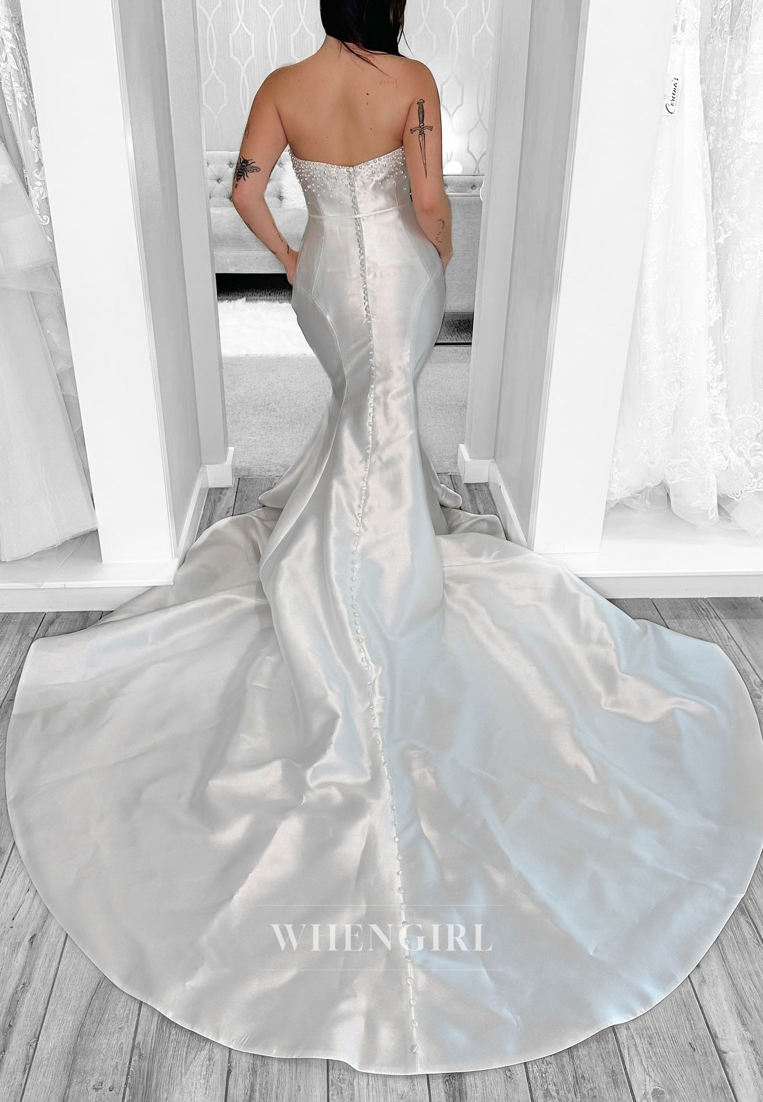 Mermaid Tube Top Sleeveless Pearls Beading Court Trian Satin Wedding Dress