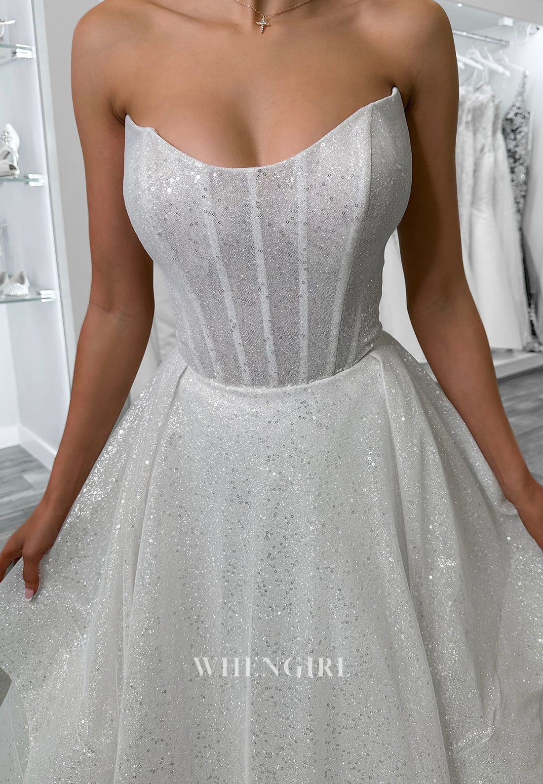 Scoop Neck Sleeveless A-Line Chapel Trian Ruffles Back Zipper Strapless Sequins Wedding Dress