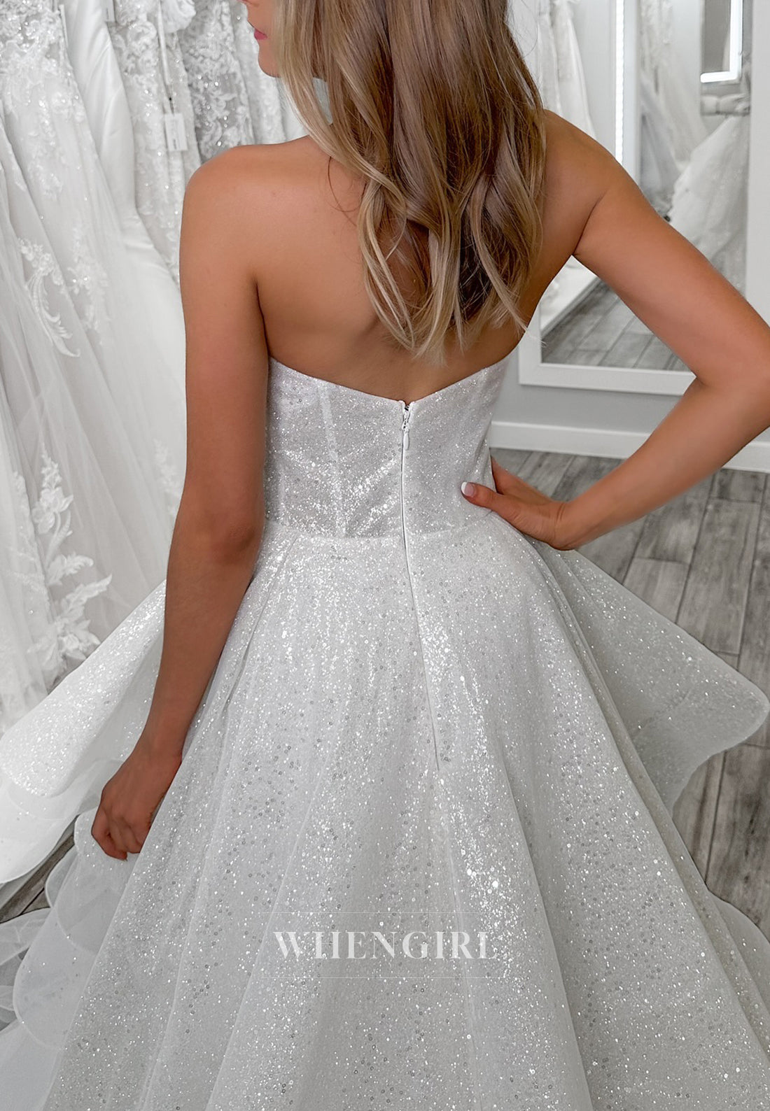 Scoop Neck Sleeveless A-Line Chapel Trian Ruffles Back Zipper Strapless Sequins Wedding Dress