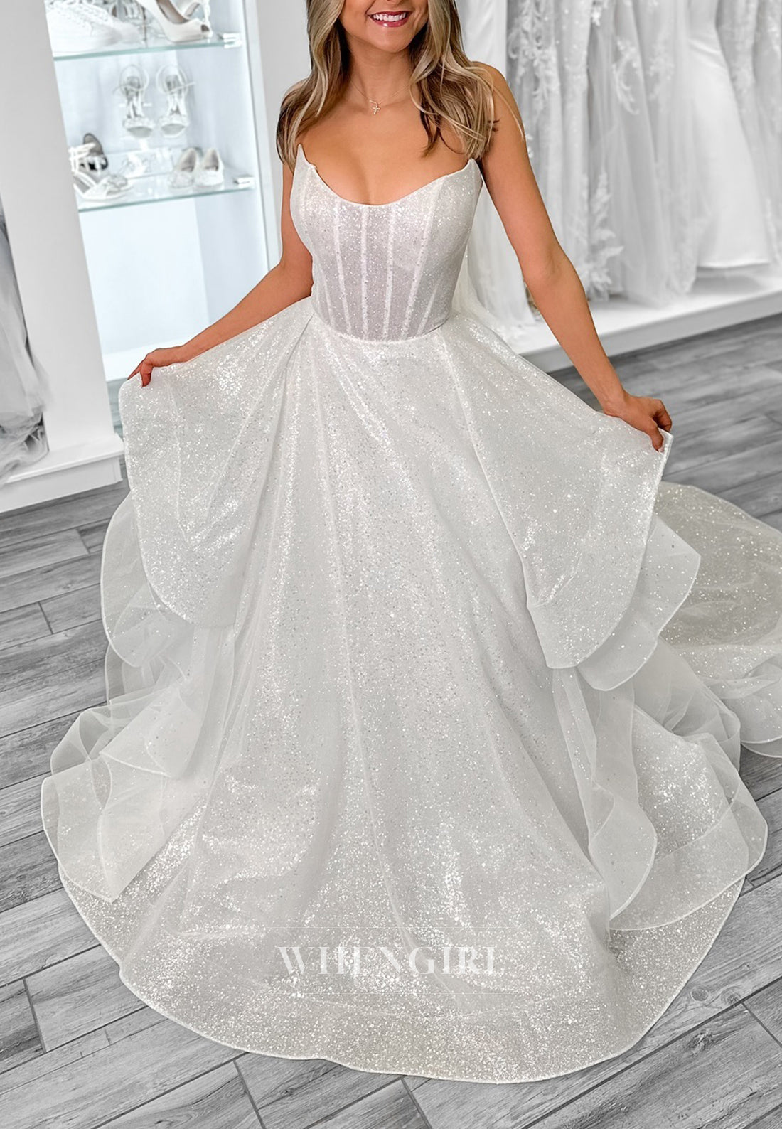 Scoop Neck Sleeveless A-Line Chapel Trian Ruffles Back Zipper Strapless Sequins Wedding Dress